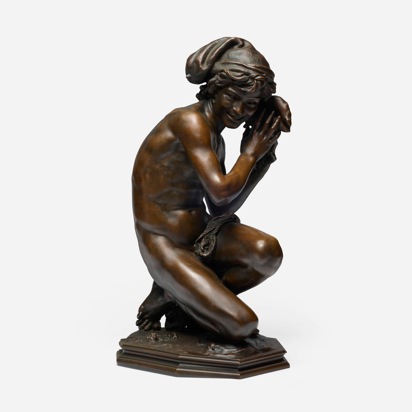 After Jean-Baptiste Carpeaux, Neapolitan Fisher Boy (Pecheur a la coquille): After Jean-Baptiste Carpeaux Neapolitan Fisher Boy (Pecheur a la coquille) 1857 / late 19th century patinated bronze 35.25 h x 17.625 w x 21.5 d in (90 x 45 x 55 cm) Incised signature and title to