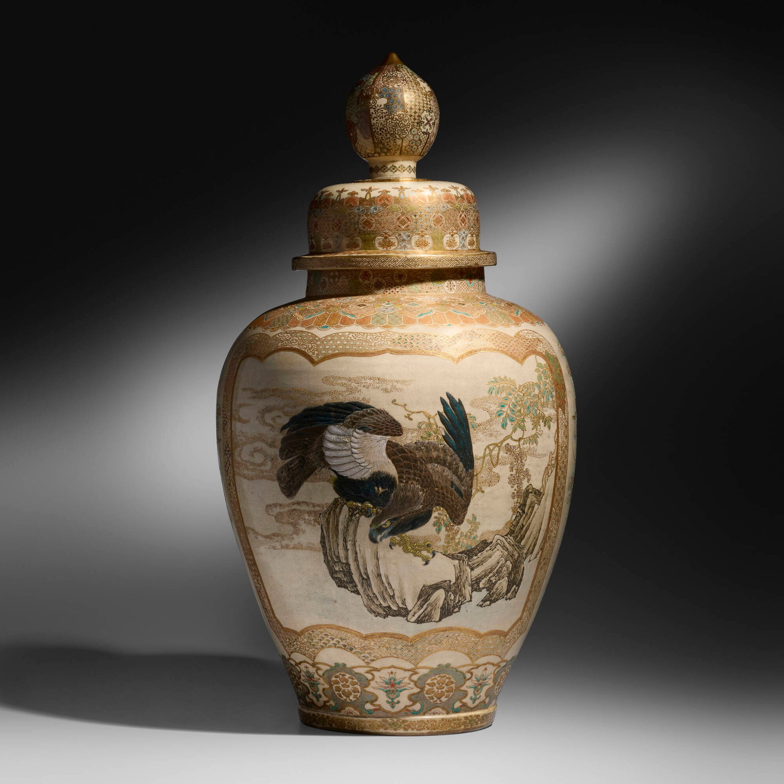 Japanese, Large and Impressive Satsuma covered urn: Japanese Large and Impressive Satsuma covered urn Meiji period (late 19th-early 20th century) crackle-glazed, gilt, and enameled stoneware 33.5 h x 17 dia in (85 x 43 cm) Urn features a large