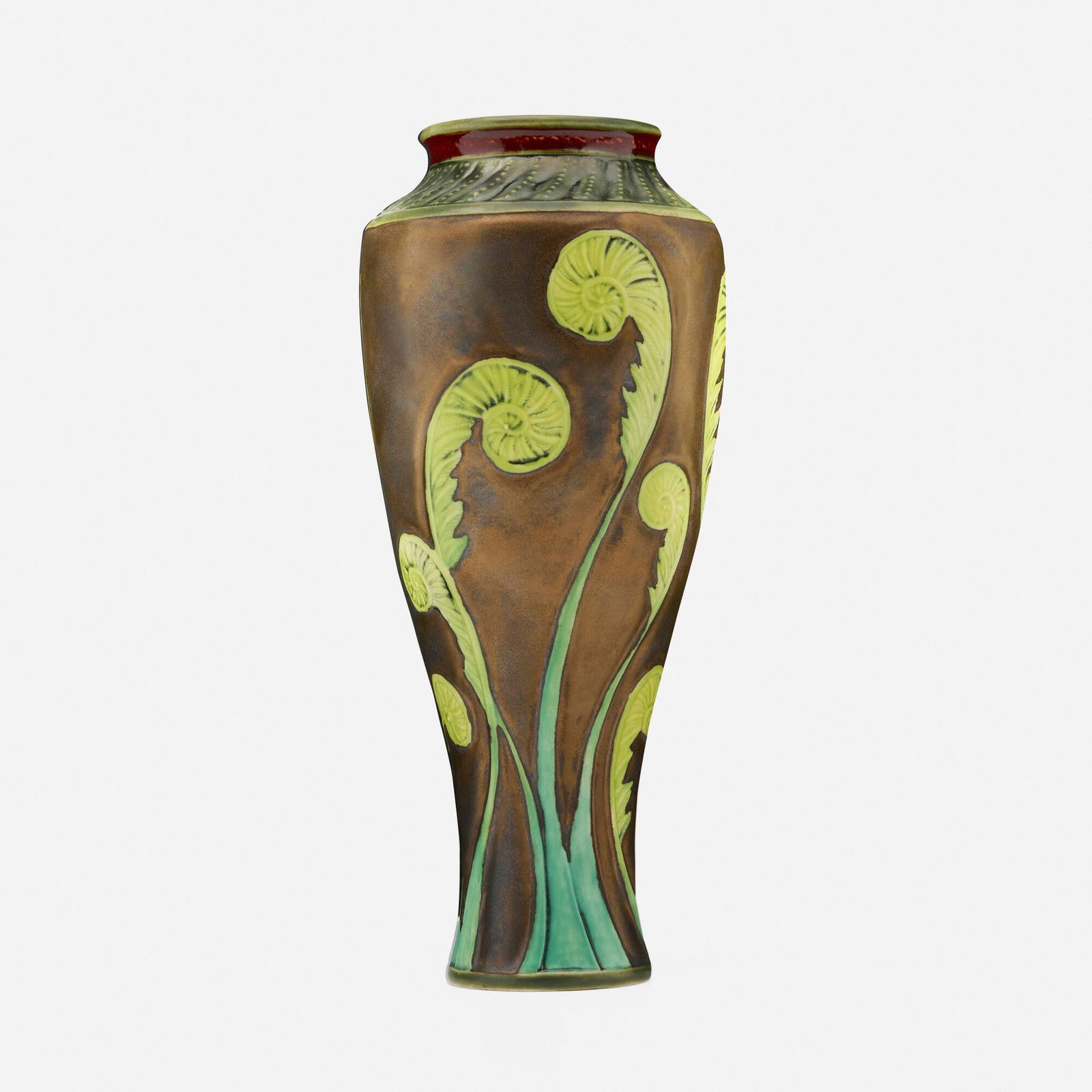 Stephanie Young for Calmwater Design, Vase with fiddlehead fern: Stephanie Young for Calmwater Design Vase with fiddlehead fern USA, c. 2022 hand-carved and glazed porcelain 9.875 h x 4 dia in (25 x 10 cm) Incised monogram to underside 'SY'. Provenance: