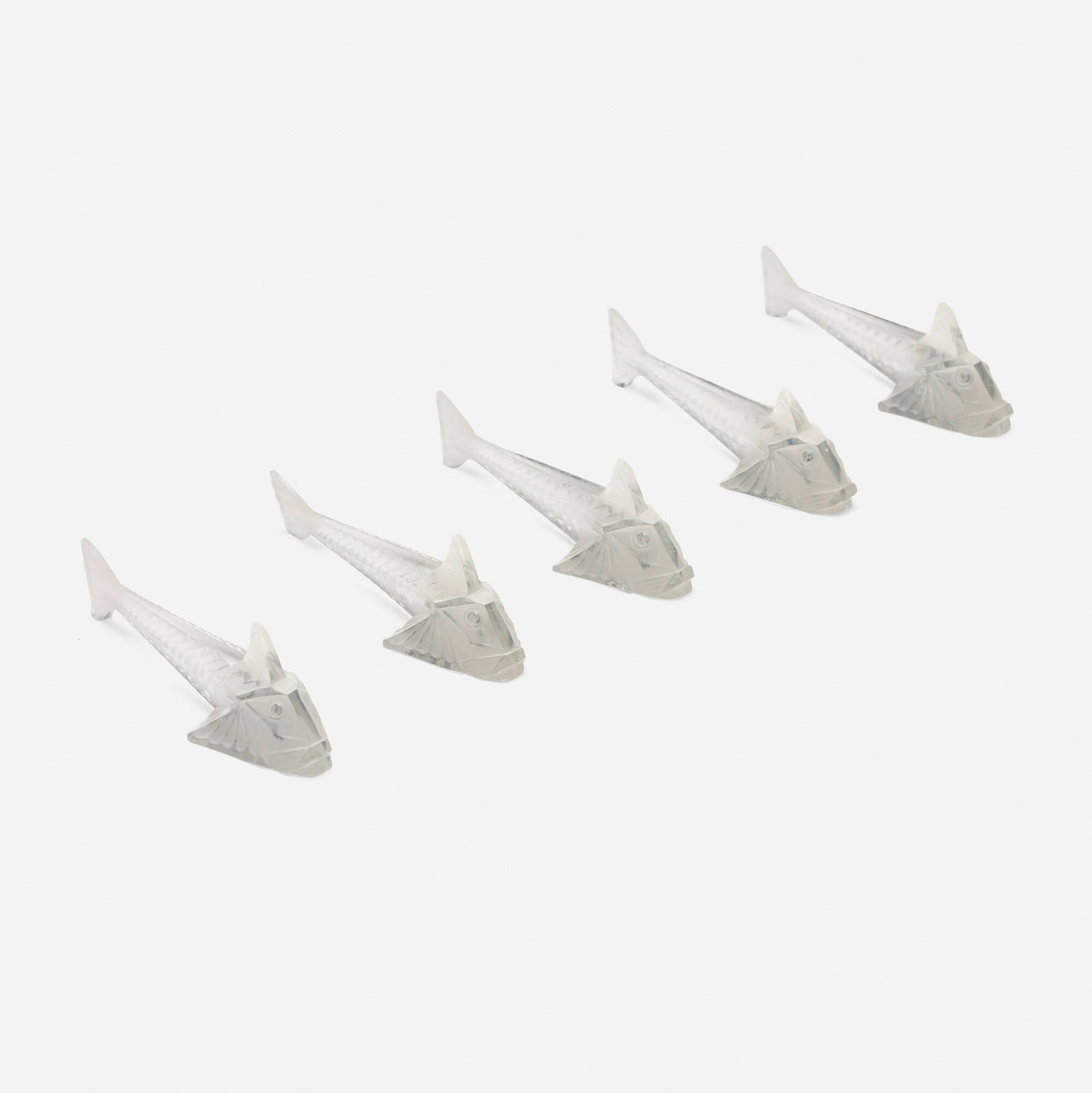 French, Art Deco fish knife rests, set of five: French Art Deco fish knife rests, set of five c. 1930 glass 1.25 h x 3.75 w x 1.5 d in (3 x 10 x 4 cm) This work will ship from Chicago, Illinois.