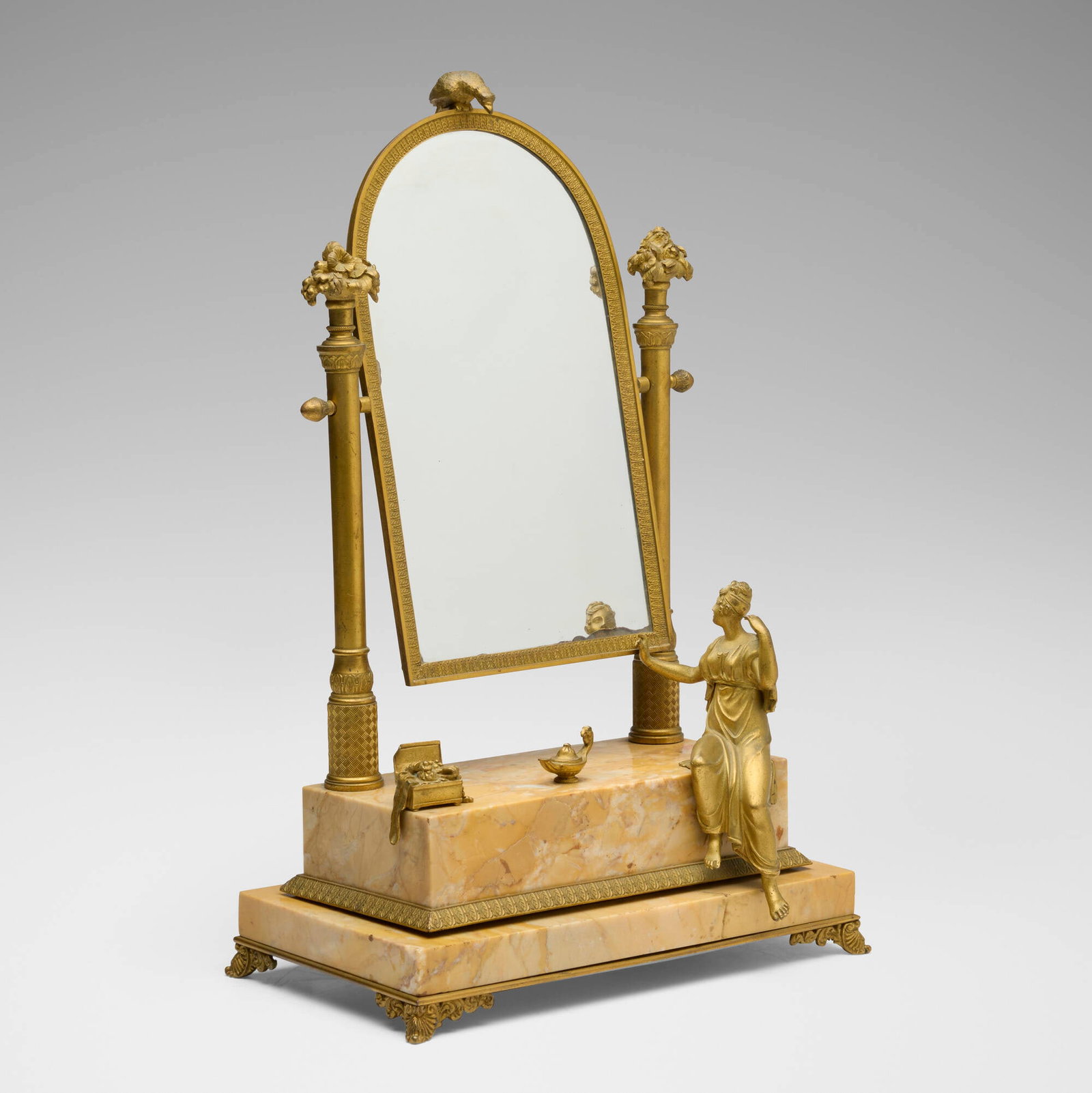 French, Empire vanity table mirror: French Empire vanity table mirror 19th centurygilt metal, marble, mirrored glass 16 h x 10.25 w x 6 d in (41 x 26 x 15 cm) This work will ship from Lambertville, New Jersey.