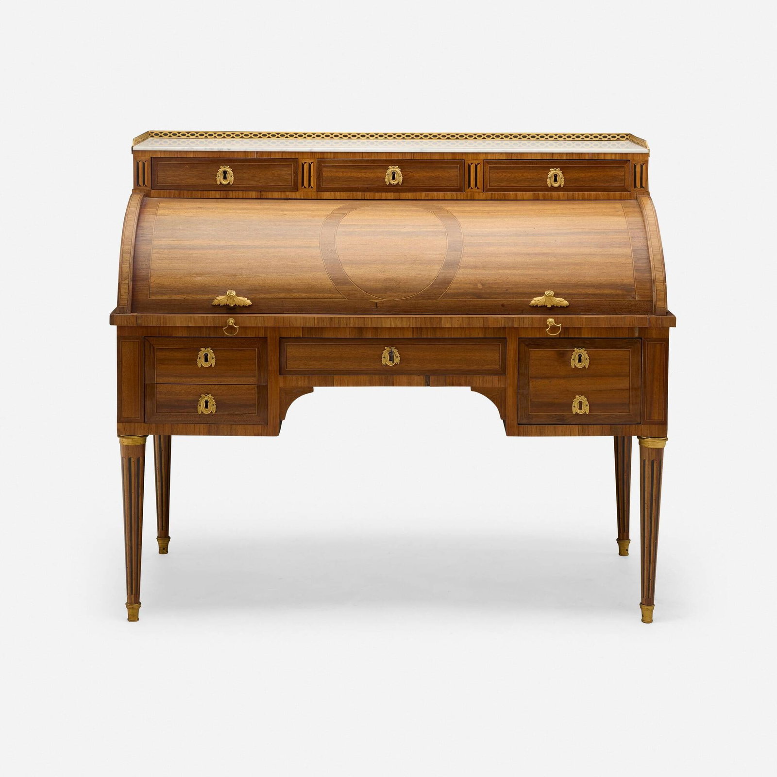 Claude Lebesgue, Louis XVI writing desk: Claude Lebesgue Louis XVI writing desk France, late 18th centurymahogany, gilt brass, marble, marquetry, embossed leather 44.5 h x 50.75 w x 26.5 d in (113 x 129 x 67 cm) Desk features eight d