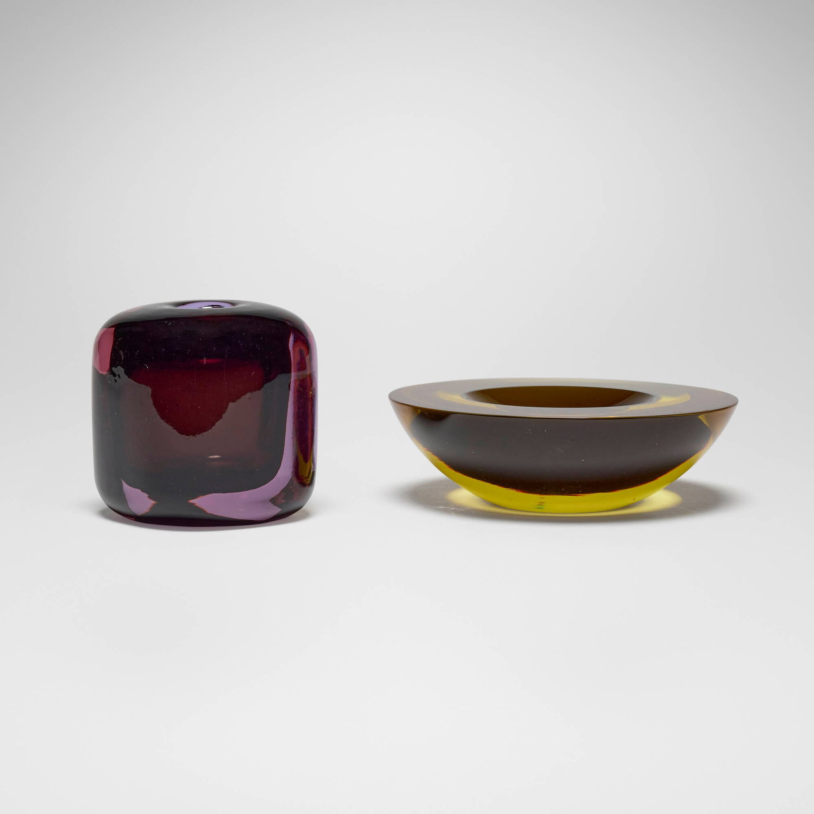 Flavio Poli, Bowl and vase: Flavio Poli Bowl and vase Seguso Vetri d'Arte Italy, c. 1960 glass 4.75 h x 4.25 w x 4.25 d in (12 x 11 x 11 cm) 2.375 h x 7.75 dia in (6 x 20 cm) Decal manufacturer's mark to lower edge of one