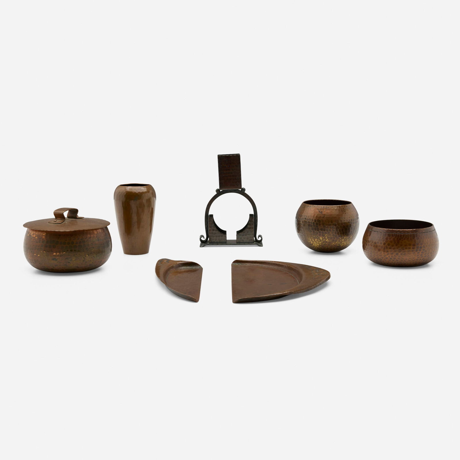 Roycroft, Collection of seven table articles: Roycroft Collection of seven table articles USA, c. 1920 handwrought copper largest: 3.25 h x 5 dia in (8 x 13 cm) smallest: 0.5 h x 9 w x 2.5 d in (1 x 23 x 6 cm) Collection is comprised of a