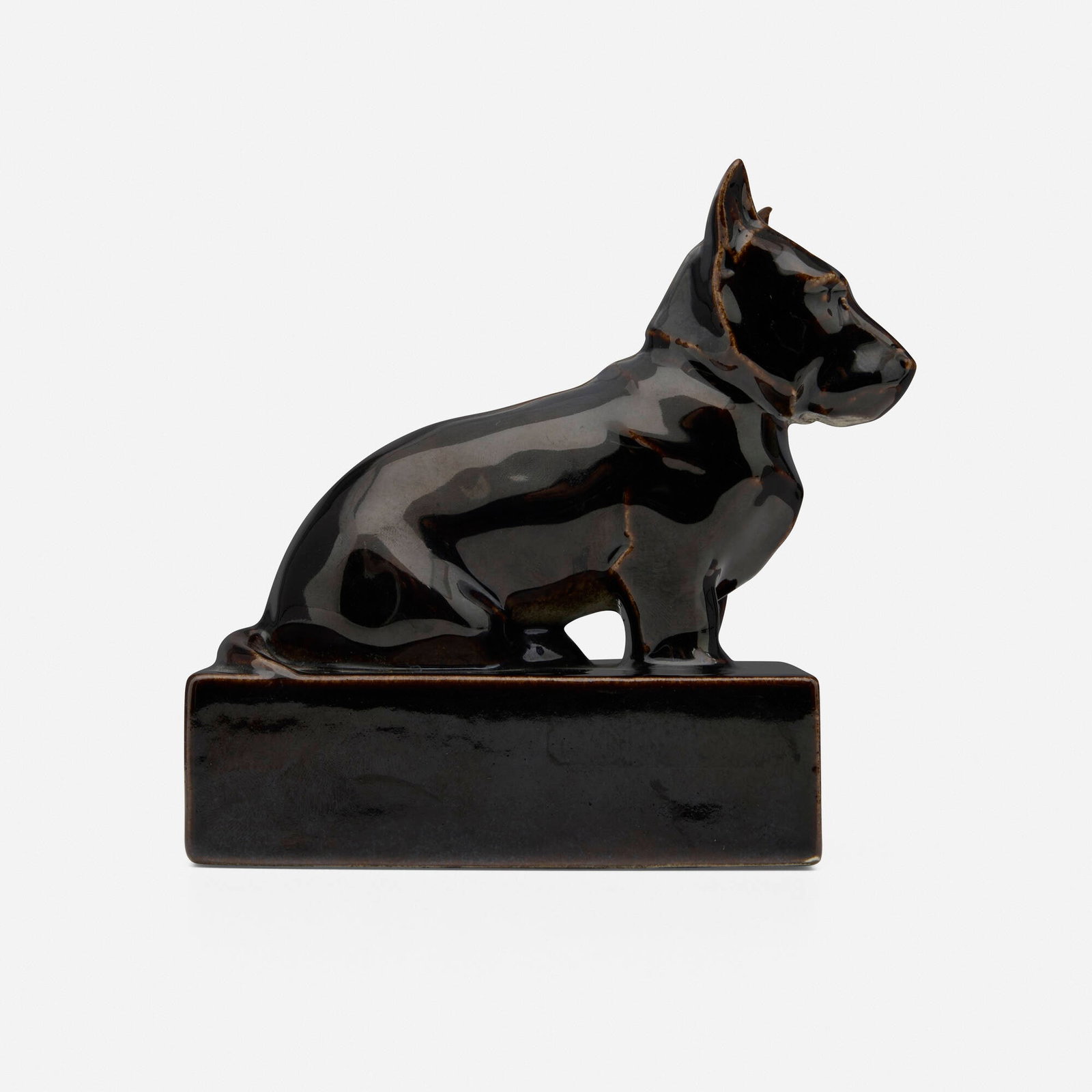 Arthur Conant for Rookwood Pottery, Nubian Black production Scottie bookend: Arthur Conant for Rookwood Pottery Nubian Black production Scottie bookend USA, 1958 glazed porcelain 5 h x 4.75 w x 2.25 d in (13 x 12 x 6 cm) Impressed manufacturer's mark, date and number to
