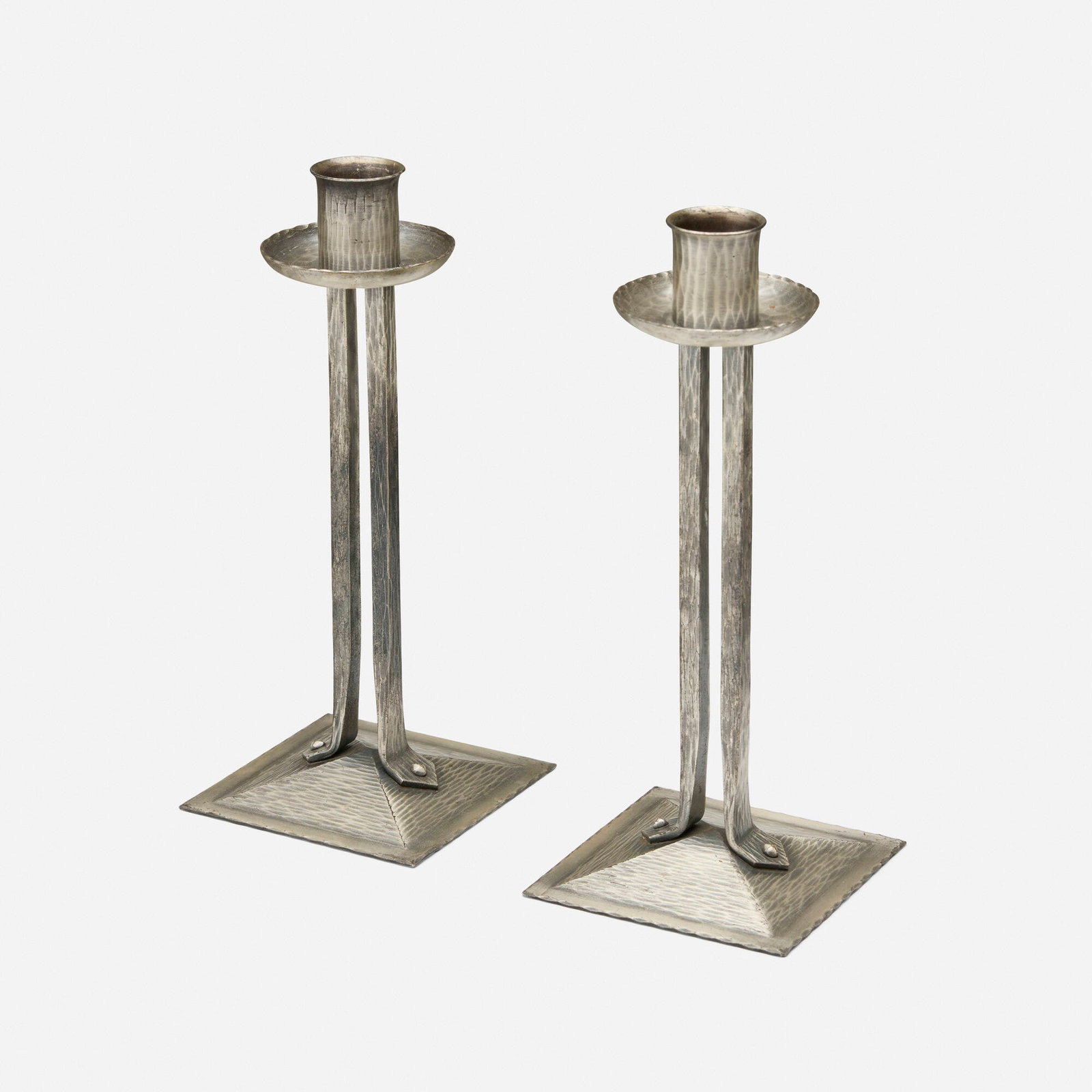 Roycroft, Princess candlesticks model 403, pair: Roycroft Princess candlesticks model 403, pair USA, c. 1915-38 silver-washed copper 7.5 h x 3.25 w x 3.25 d in (19 x 8 x 8 cm) Impressed orb and cross mark to underside of each example with