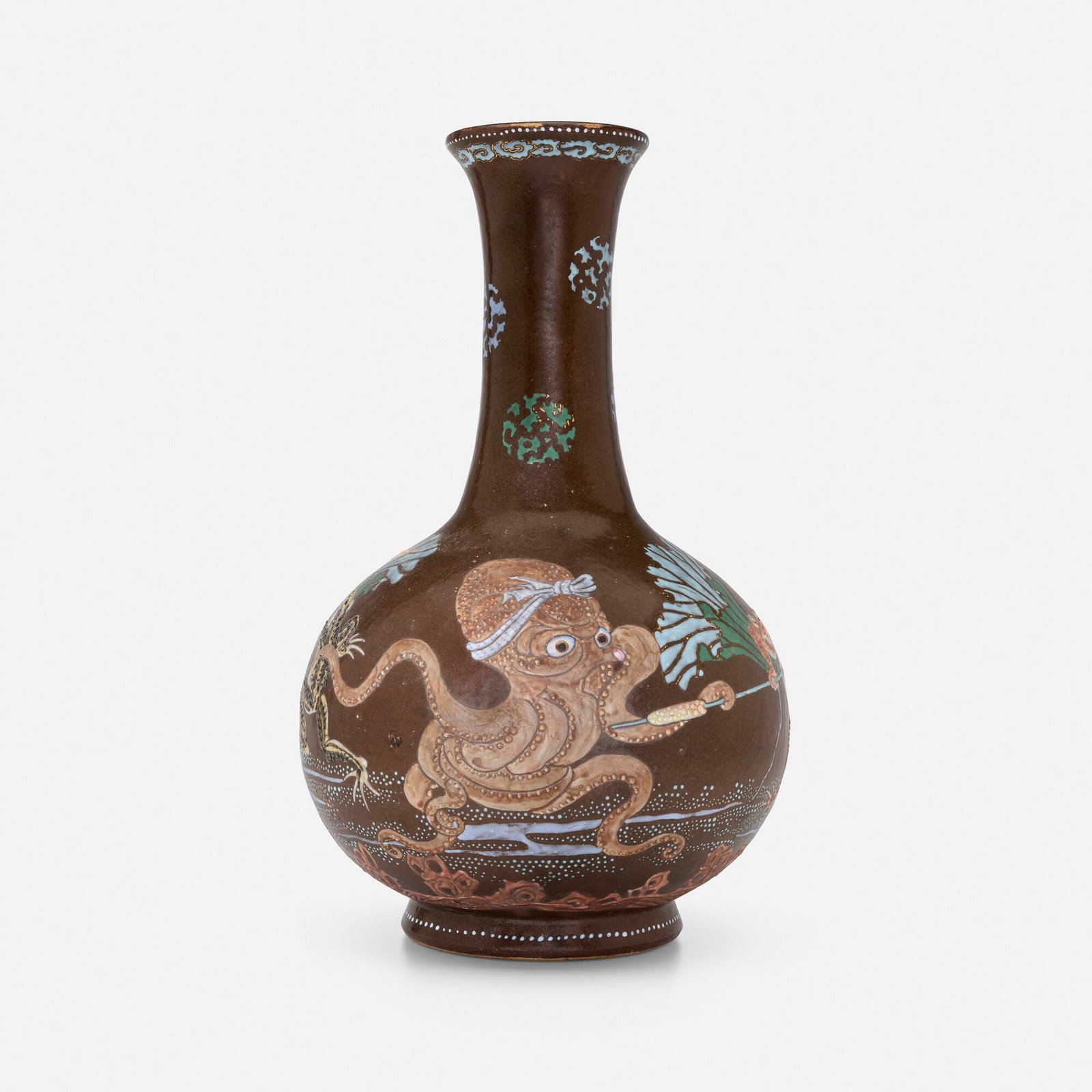 Japanese, Satsuma vase with marine scene: Japanese Satsuma vase with marine scene Meiji period (late 19th-early 20th century) enameled earthenware 15 h x 8 dia in (38 x 20 cm) Vase features an animated scene of frogs charging at an