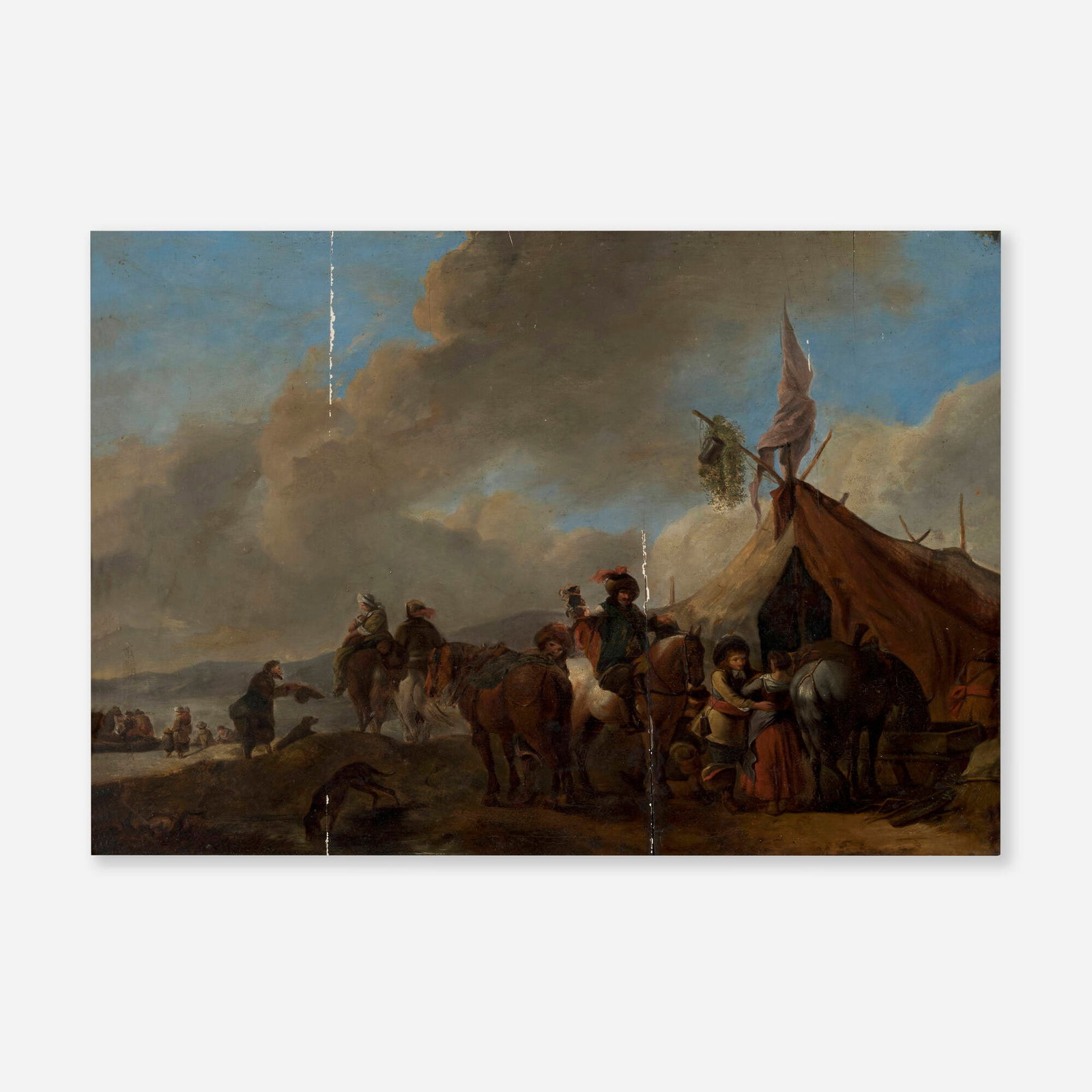 Follower of Philips Wouwerman, Dutch Camp Scene: Follower of Philips Wouwerman Dutch Camp Scene oil on panel 13.5 h x 18.375 w in (34 x 47 cm) This work will ship from Chicago, Illinois.