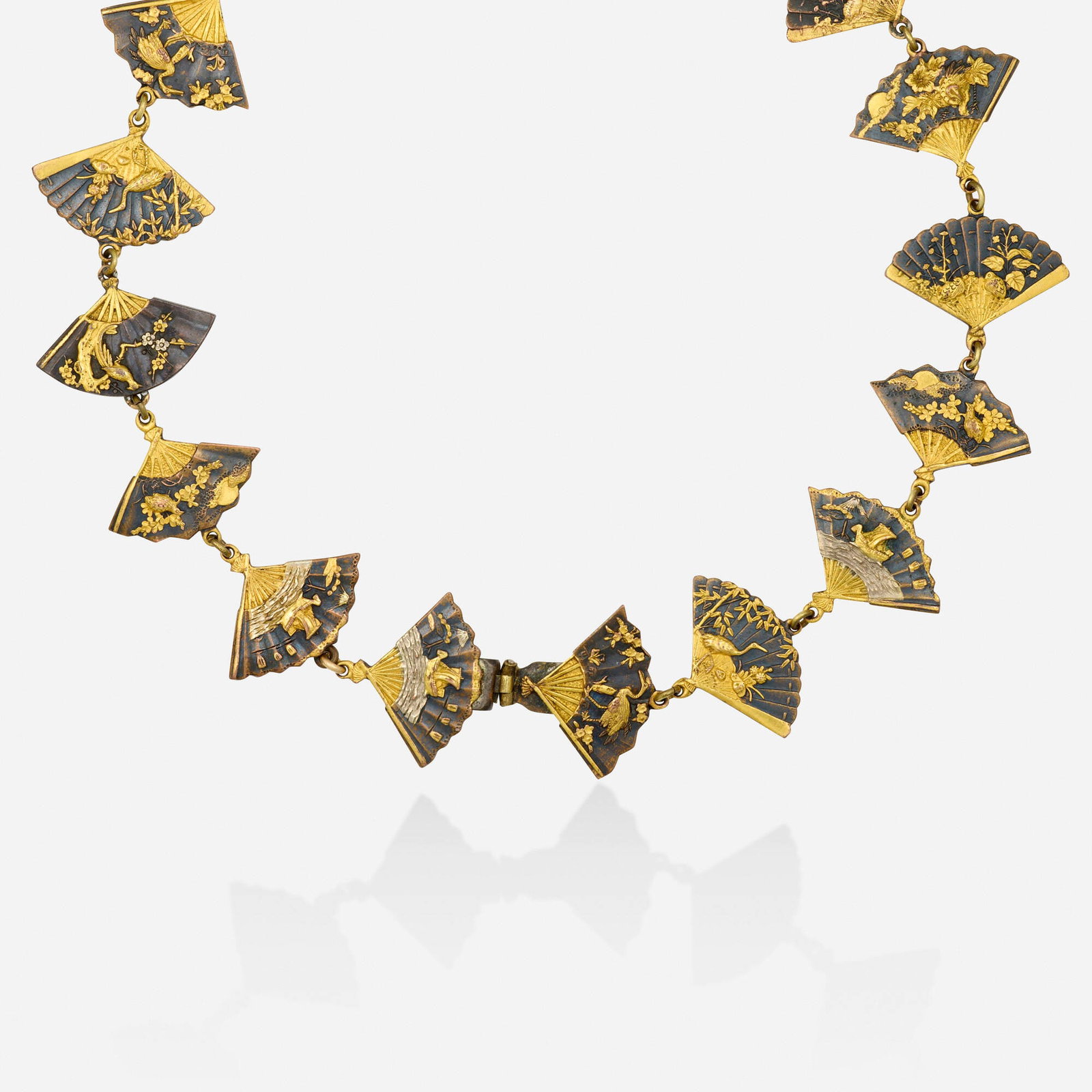 Antique, Shakudo necklace: Antique Shakudo necklace Designed with seventeen fans depicting various scenes including cranes, quails, and cherry blossoms, may be worn as a necklace or two bracelets Gold, silver, copper 14.25 in;