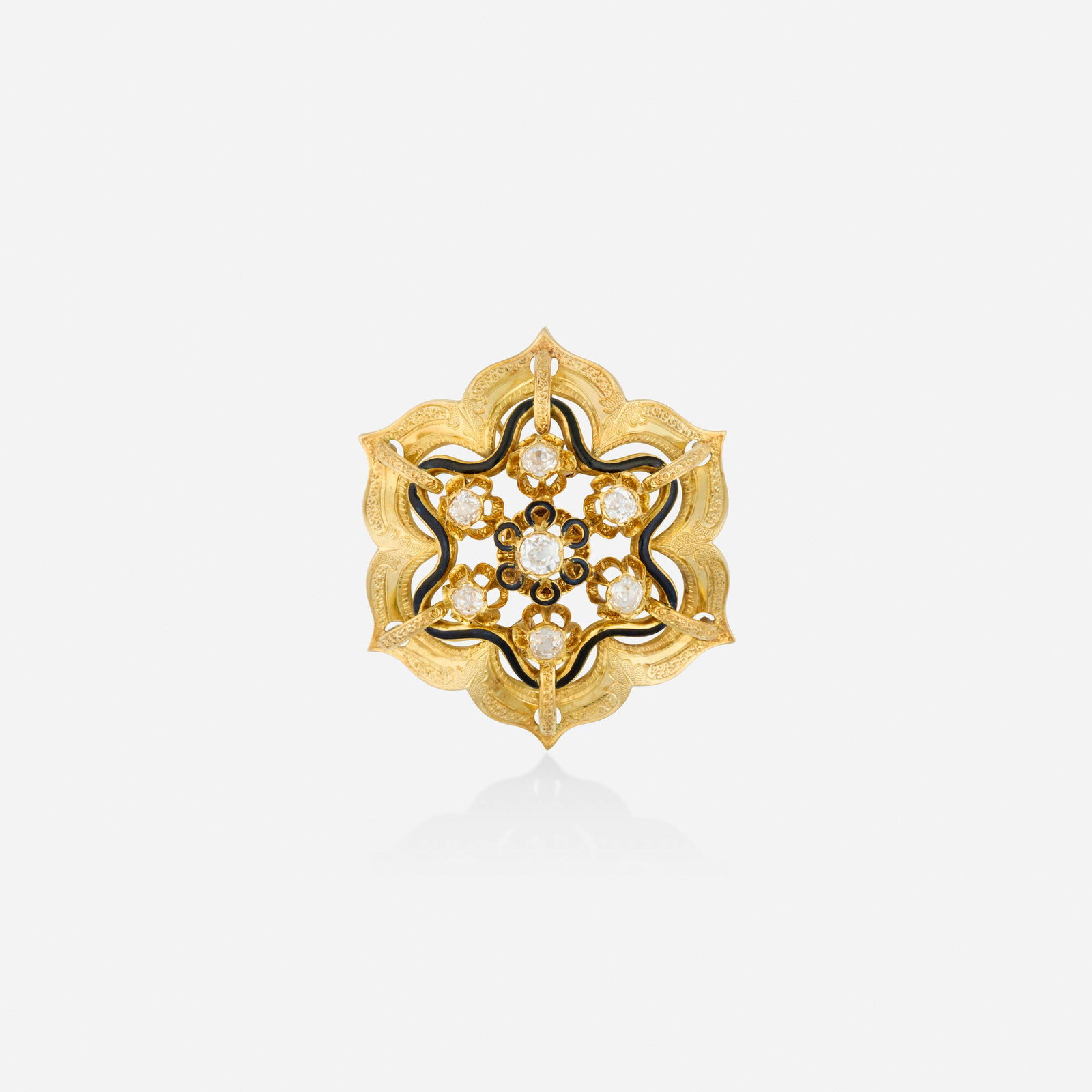 Victorian, Diamond, enamel, and gold pendant: Victorian Diamond, enamel, and gold pendant Of engraved gold, enhanced with old mine-cut diamonds and black enamel Yellow gold 1.625 in; Gross weight 8.0 dwts This work will ship from