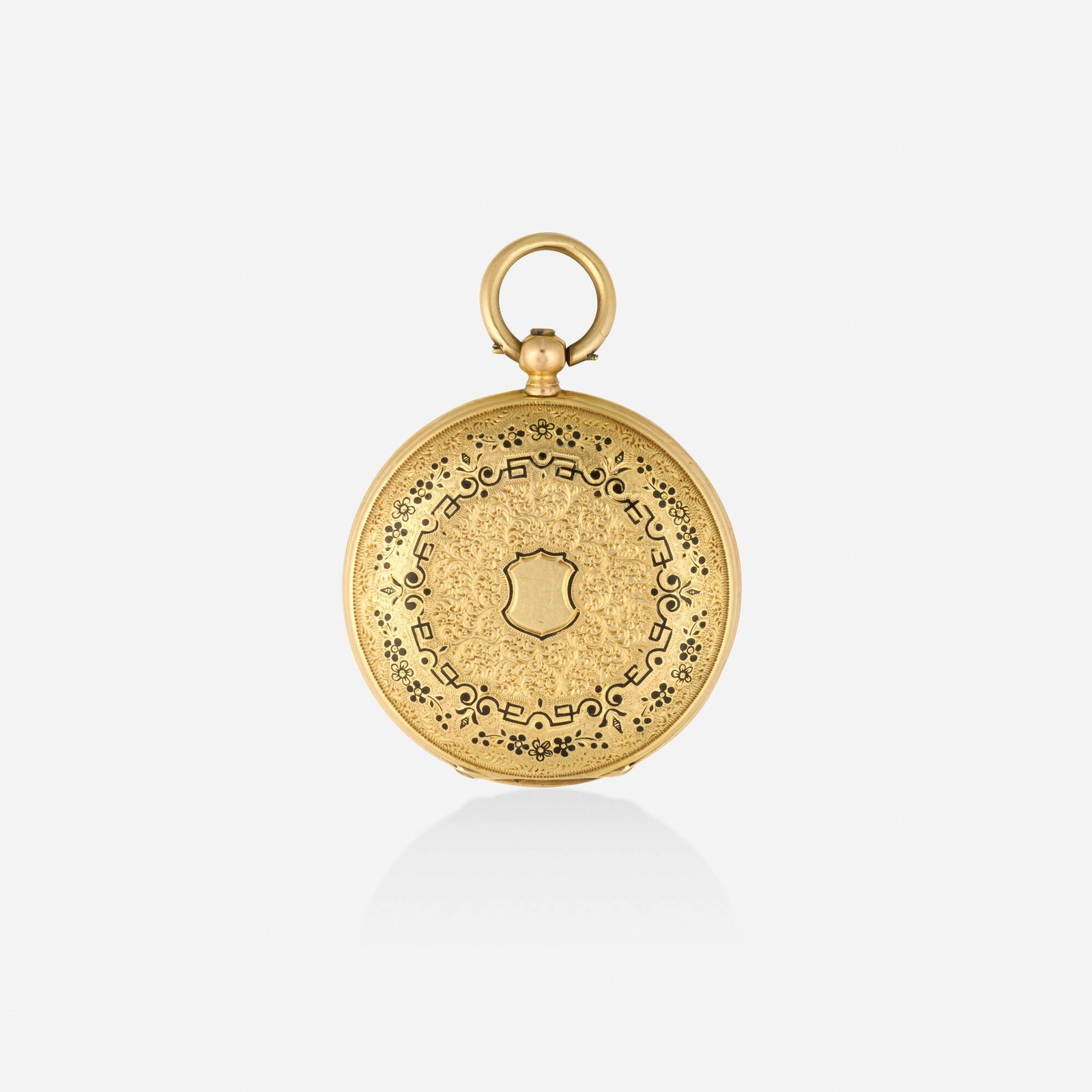 Victorian, Gold and enamel pocket watch: Victorian Gold and enamel pocket watch With Roman numeral hours, the engraved case with black enamel details Dial: White Movement: Manual wind Case material: 18k yellow gold Case
