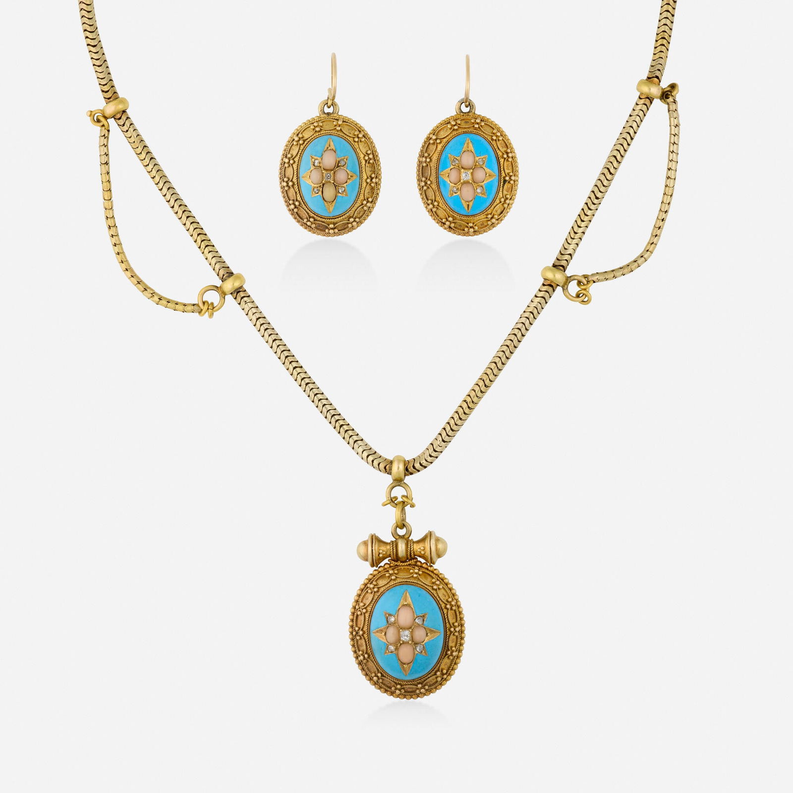 Victorian, Coral, diamond, and enamel necklace and earrings: Victorian Coral, diamond, and enamel necklace and earrings Comprising a pair of earrings and locket of gold wirework and granulation, set with cabochon coral and rose-cut diamonds, surrounded by blue