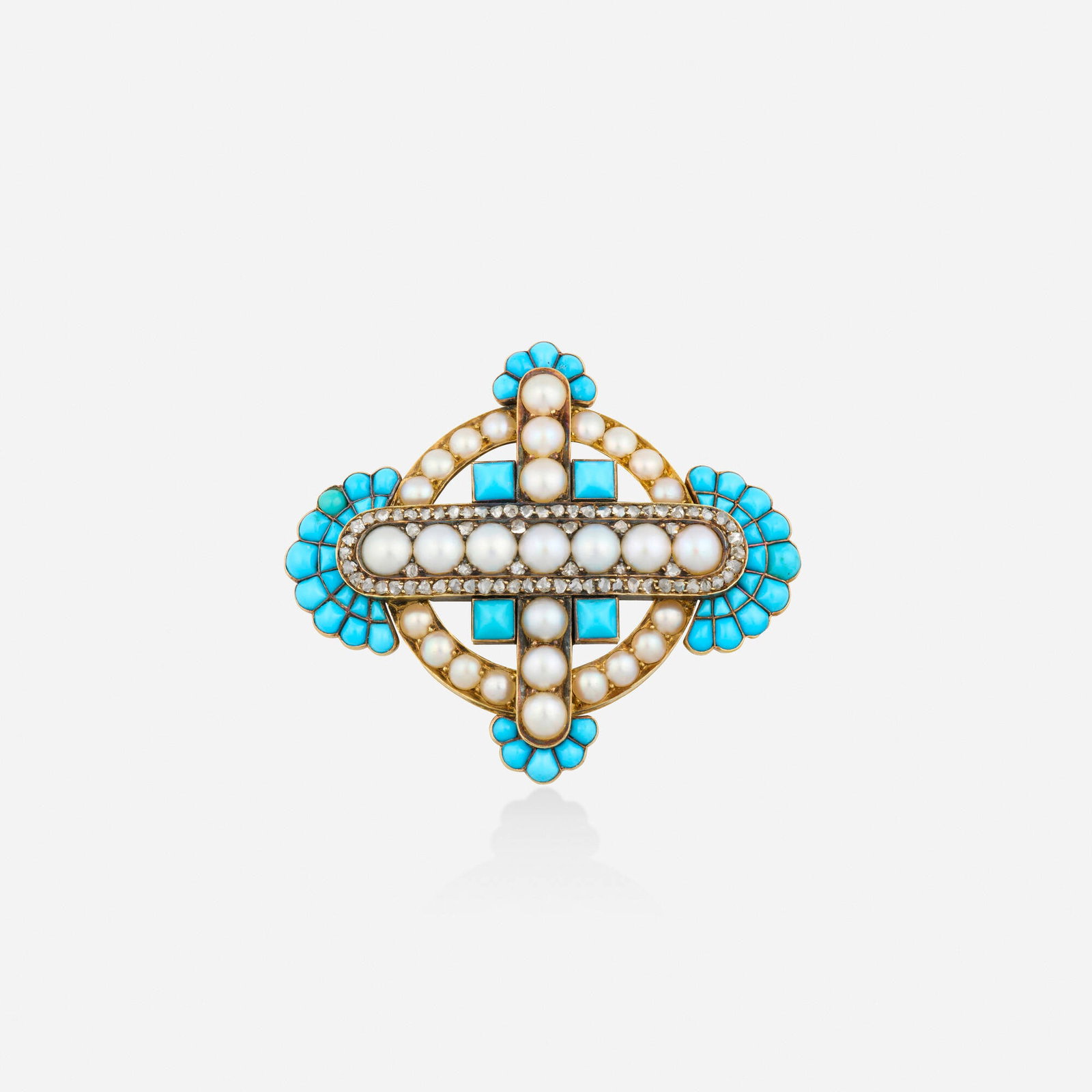 Victorian, Turquoise, pearl, and diamond brooch: Victorian Turquoise, pearl, and diamond brooch Set with cabochon turquoise, pearls, and rose-cut diamonds Yellow gold 1.875 x 1.625 in; Gross weight 14.5 dwts This work will ship from