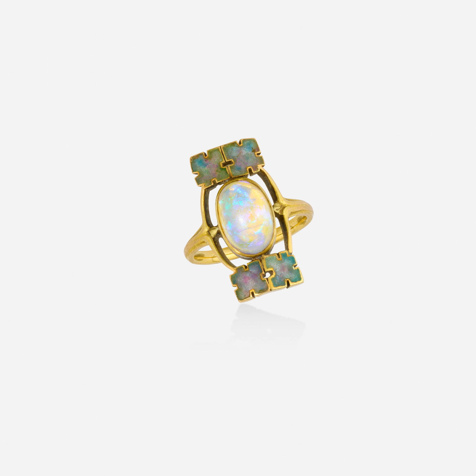 Rene Lalique, Art Nouveau opal and enamel ring: Rene Lalique Art Nouveau opal and enamel ring Set with a cabochon opal and plique-a-jour enamel Yellow gold Signed Lalique Ring size 6.25; Gross weight 3.2 dwts This work wil