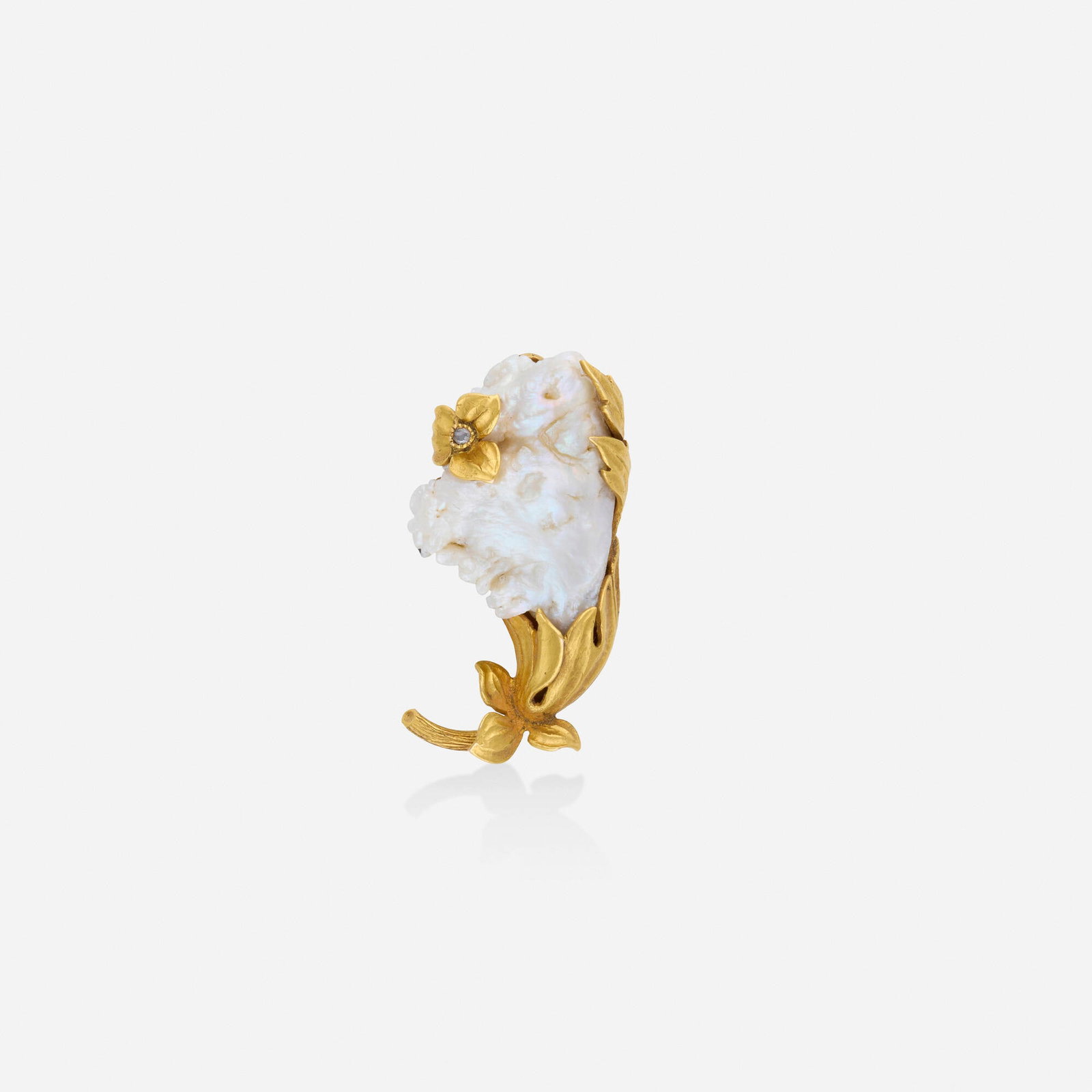 Art Nouveau, Baroque pearl, diamond, and gold brooch: Art Nouveau Baroque pearl, diamond, and gold brooch Of floral motif, set with a baroque pearl and rose-cut diamond Yellow gold 1.25 x 0.625 in; Gross weight 3.9 dwts This work will shi