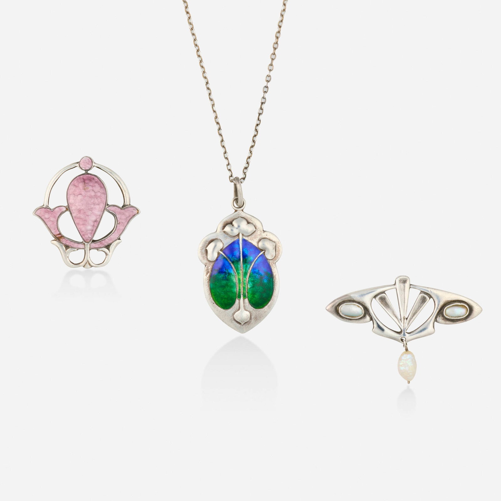 James Fenton, Art Nouveau necklace and brooch, together with a J.B. Bennett & Co. brooch: James Fenton Art Nouveau enamel and silver necklace and brooch, together with a J.B. Bennett & Co. pearl and silver brooch Please note this work contains materials that may be either protected or regu