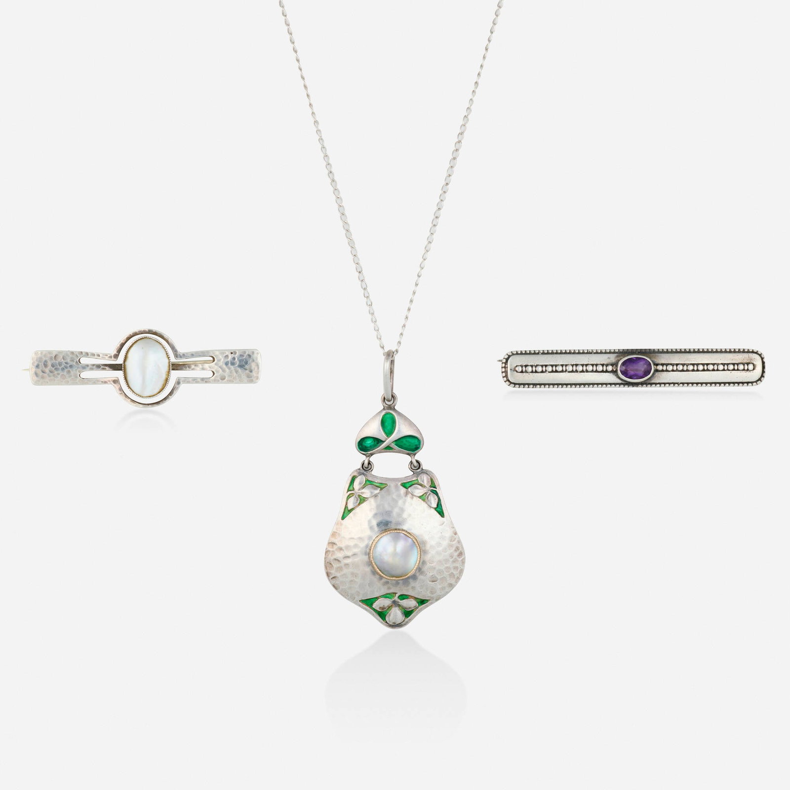 Murrle, Bennett & Co., necklace and brooch, together with a brooch by Theodor Fahrner: Murrle, Bennett & Co. Art Nouveau necklace and Arts & Crafts brooch together with a Jugendstil brooch by Theodor Fahrner Please note this work contains materials that may be either protected or regula