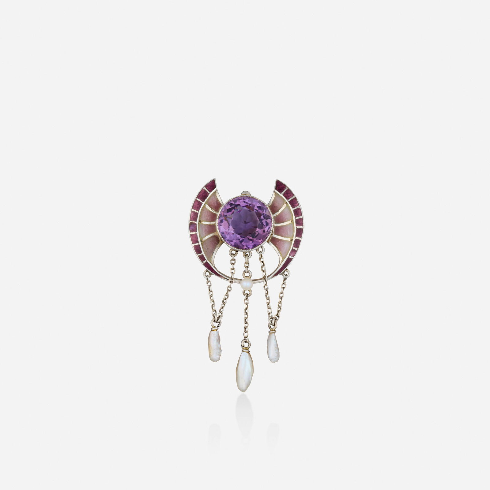 Meyle & Mayer, Jugendstil amethyst, enamel, and pearl brooch: Meyle & Mayer Jugendstil amethyst, enamel, and pearl brooch Of plique-a-jour enamel, set with a circular-cut amethyst, suspending seed and freshwater pearls; 1900s Sterling silver Signed with maker's