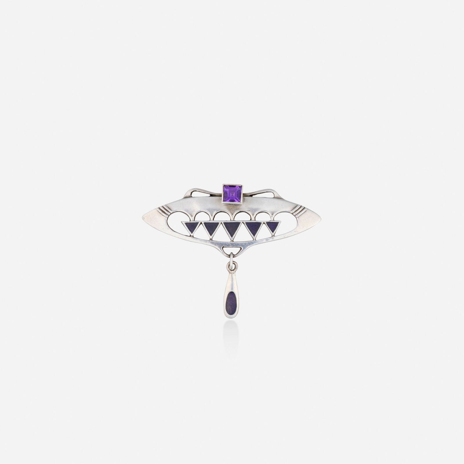 Karl Hermann for Hermann & Speck, Jugendstil amethyst, enamel, and silver brooch: Karl Hermann for Hermann & Speck Jugendstil amethyst, enamel, and silver brooch Of open-form design, with purple enamel and a square-cut amethyst Silver Signed with maker's mark for Karl Hermann for H