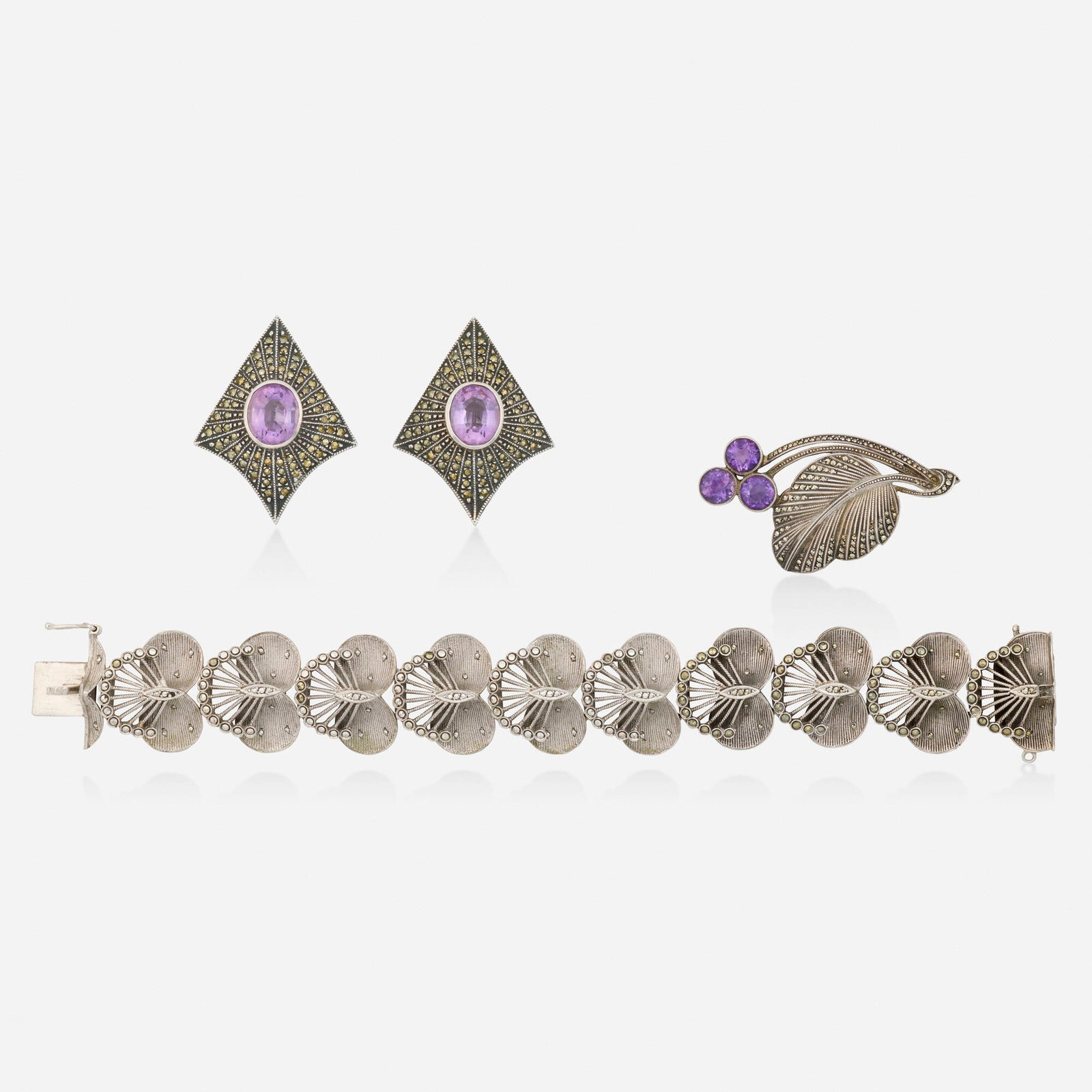 Theodor Fahrner and Judith Jack, Art Deco group of sterling silver and marcasite jewelry: Theodor Fahrner and Judith Jack Art Deco group of sterling silver and marcasite jewelry Lori Ulanova was one of the first female violinists in the Los Angeles Philharmonic Comprising a bracelet and br