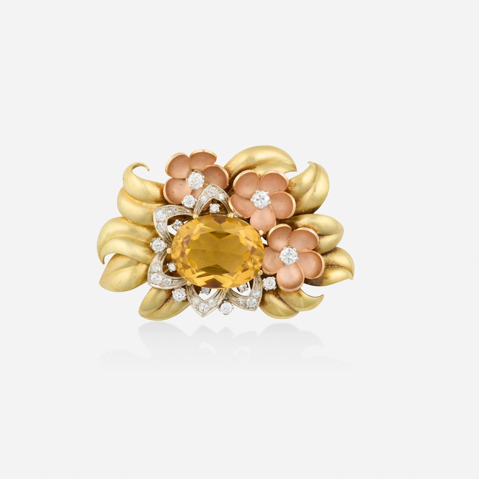 Retro, Austrian citrine, diamond, and tricolor gold brooch: Retro Austrian citrine, diamond, and tricolor gold brooch Of floral design, set with an oval-cut citrine, old European, old mine, and single-cut diamonds 18k yellow, pink, and white gold 2.375 x 1.625