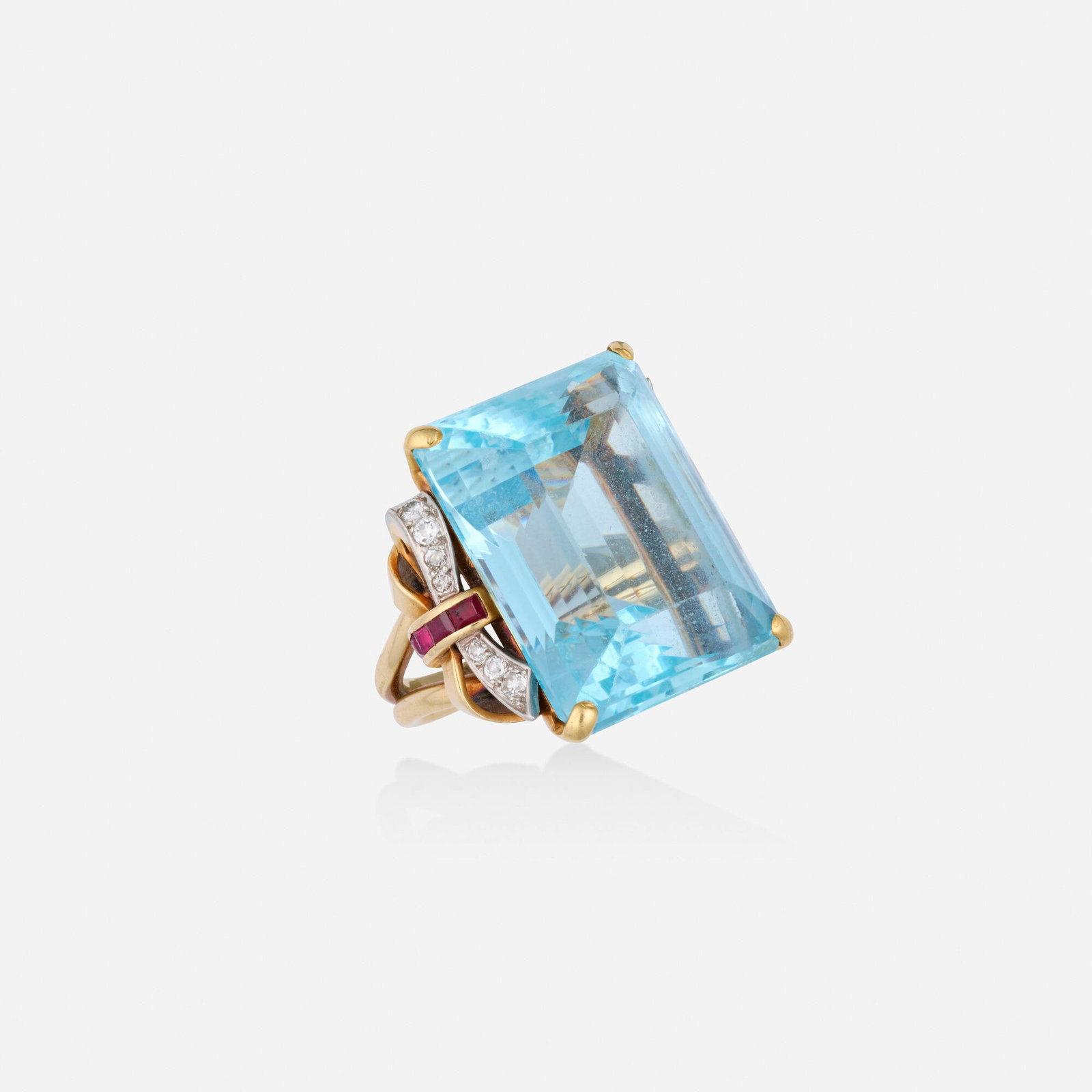 Retro, Aquamarine, ruby, and diamond ring: Retro Aquamarine, ruby, and diamond ring Set with an emerald-cut aquamarine, with round brilliant and single-cut diamond, and square-cut ruby bow shoulders Yellow gold and platinum Ring size 6.75; Gro