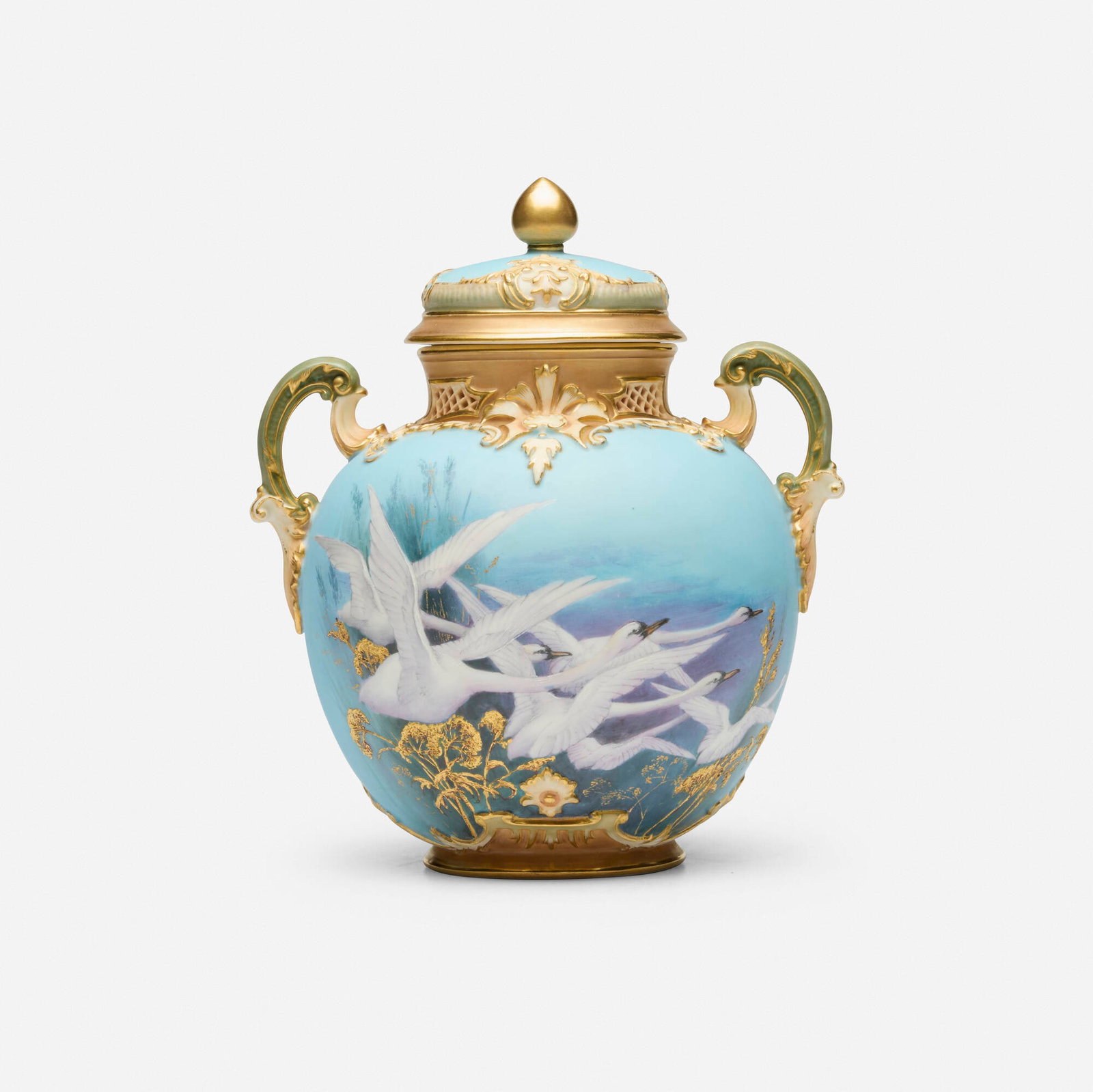 Royal Worcester, Covered jar with swans and grass: Royal Worcester Covered jar with swans and grass England, 1898 glazed, gilt and hand-painted porcelain 8 h x 6.75 w x 5.875 d in (20 x 17 x 15 cm) Printed puce manufacturer's mark to under