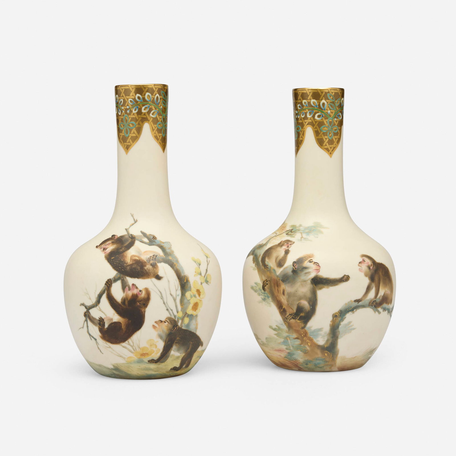 Royal Worcester, Bottle vases with monkeys on trees, pair: Royal Worcester Bottle vases with monkeys on trees, pair England, 1883 glazed and gilt porcelain 9.625 h x 5.375 dia in (24 x 14 cm) Printed manufacturer's mark in puce to underside of eac