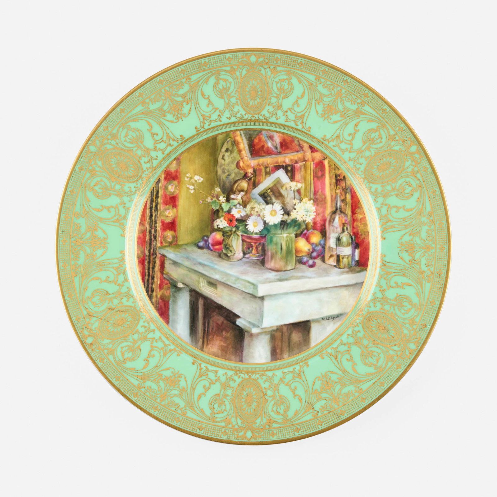 Royal Worcester, Charger with still life: Royal Worcester Charger with still life England, 1926 glazed, gilt, and hand-painted porcelain 0.75 h x 10.75 dia in (2 x 27 cm) This work was decorated by William J. Bagnall. Signed to front &