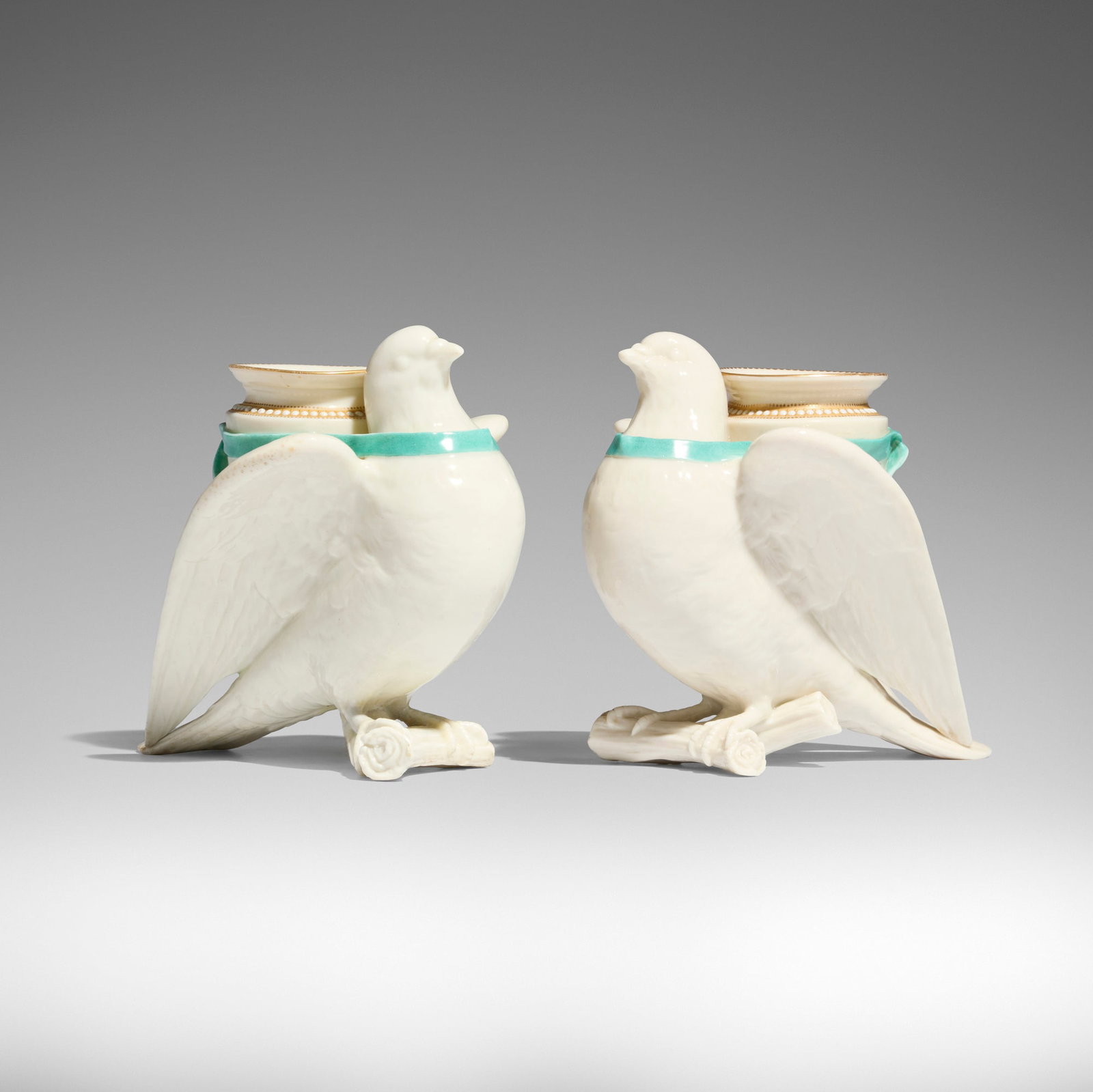Royal Worcester, Carrier pigeon or dove vases, pair: Royal Worcester Carrier pigeon or dove vases, pair England, c. 1875 glazed and gilt porcelain 6.125 h x 6.5 w x 4.75 d in (16 x 17 x 12 cm) Impressed manufacturer's mark to each example &#