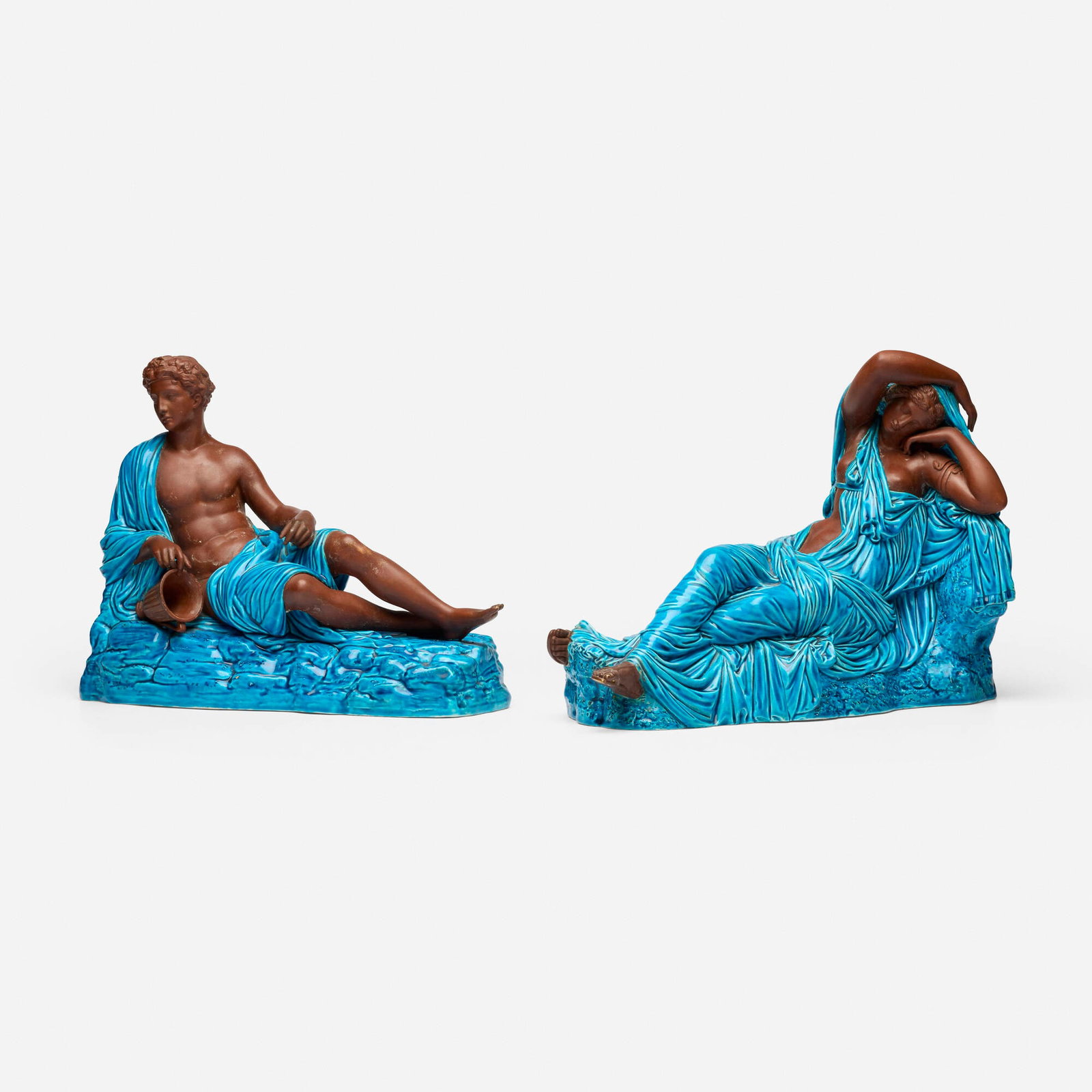 Royal Worcester, Dionysus and Ariadne figurines: Royal Worcester Dionysus and Ariadne figurines England, c. 1880 glazed porcelain 10.25 h x 13.25 w x 5.75 d in (26 x 34 x 15 cm) 10.25 h x 14 w x 6 d in (26 x 36 x 15 cm) Impressed manufactu