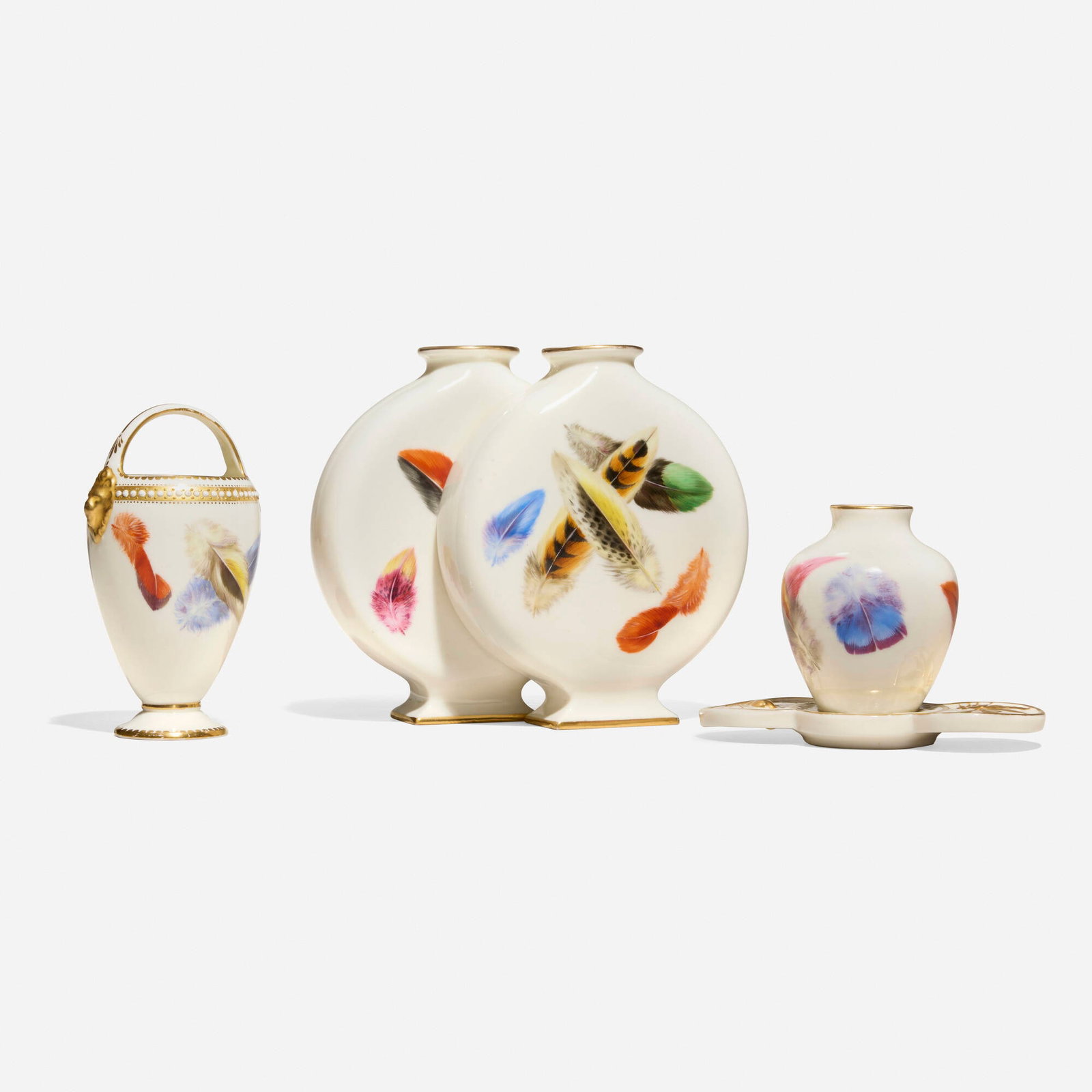 Royal Worcester, Collection of four vases with feathers: Royal Worcester Collection of four vases with feathers England, 1879-80 glazed, gilt and enameled porcelain 5.875 h x 6.625 w x 3.375 d in (15 x 17 x 9 cm) 5 h x 3 w x 2.625 d in (13 x 8 x 7 cm)