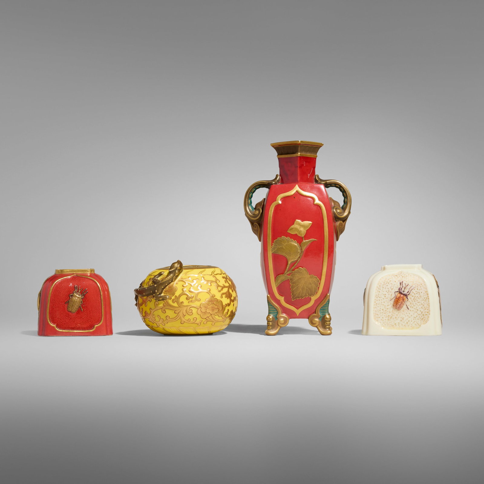 Royal Worcester, Collection of four Chinoiserie or Japonesque works: Royal Worcester Collection of four Chinoiserie or Japonesque works England, 1873, 1876, 1878 glazed, gilt and enameled porcelain tallest: 7.875 h x 4.375 w x 3.25 d in (20 x 11 x 8 cm) shortest: 2.