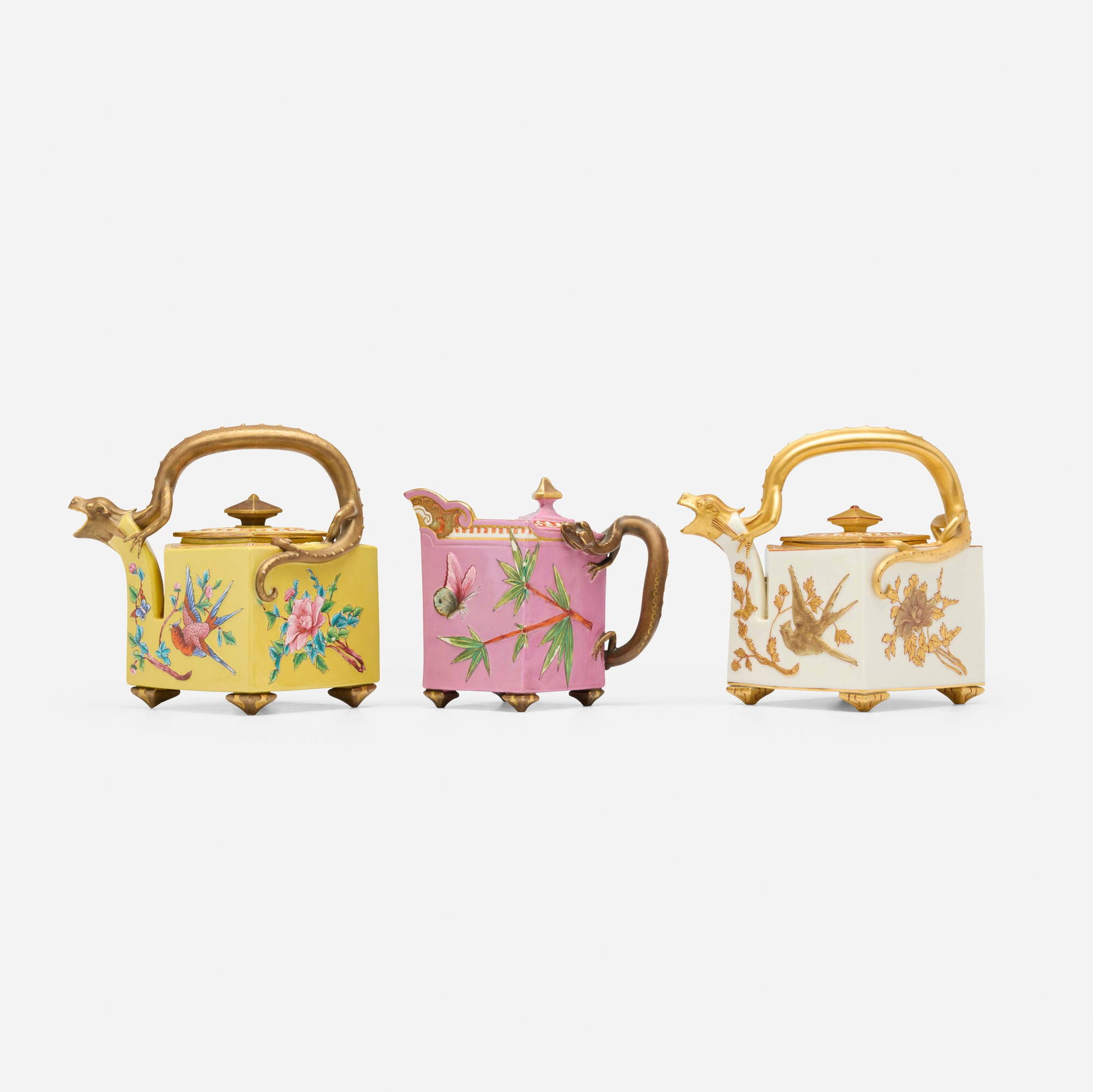 Royal Worcester, Collection of three works with Japonesque designs: Royal Worcester Collection of three works with Japonesque designs England, c. 1875 glazed, gilt and enameled porcelain 7.375 h x 6.125 w x 6.125 d in (19 x 16 x 16 cm) 7.25 h x 6 w x 5.875 d in (18