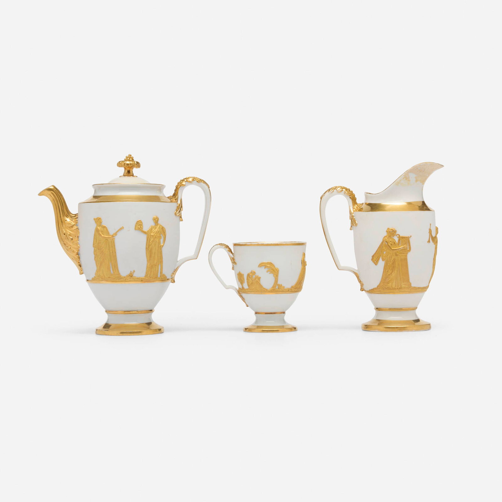 Johann Daniel Schone for Meissen, Three-piece service with mythological motifs: Johann Daniel Schone for Meissen Three-piece service with mythological motifs Germany, 19th century glazed and gilt porcelain 6.125 h x 5.875 w x 3.5 d in (16 x 15 x 9 cm) 5.625 h x 4.375 w x 2.875