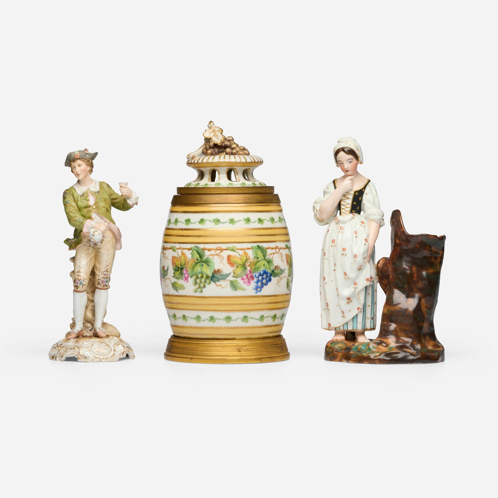 European, Collection of three works: European Collection of three works 19th century glazed and gilt porcelain, gilt copper 9 h x 5 dia in (23 x 13 cm) 8.375 h x 4.75 w x 3.75 d in (21 x 12 x 10 cm) 7.875 h x 3.5 w x 3.375 d in (20