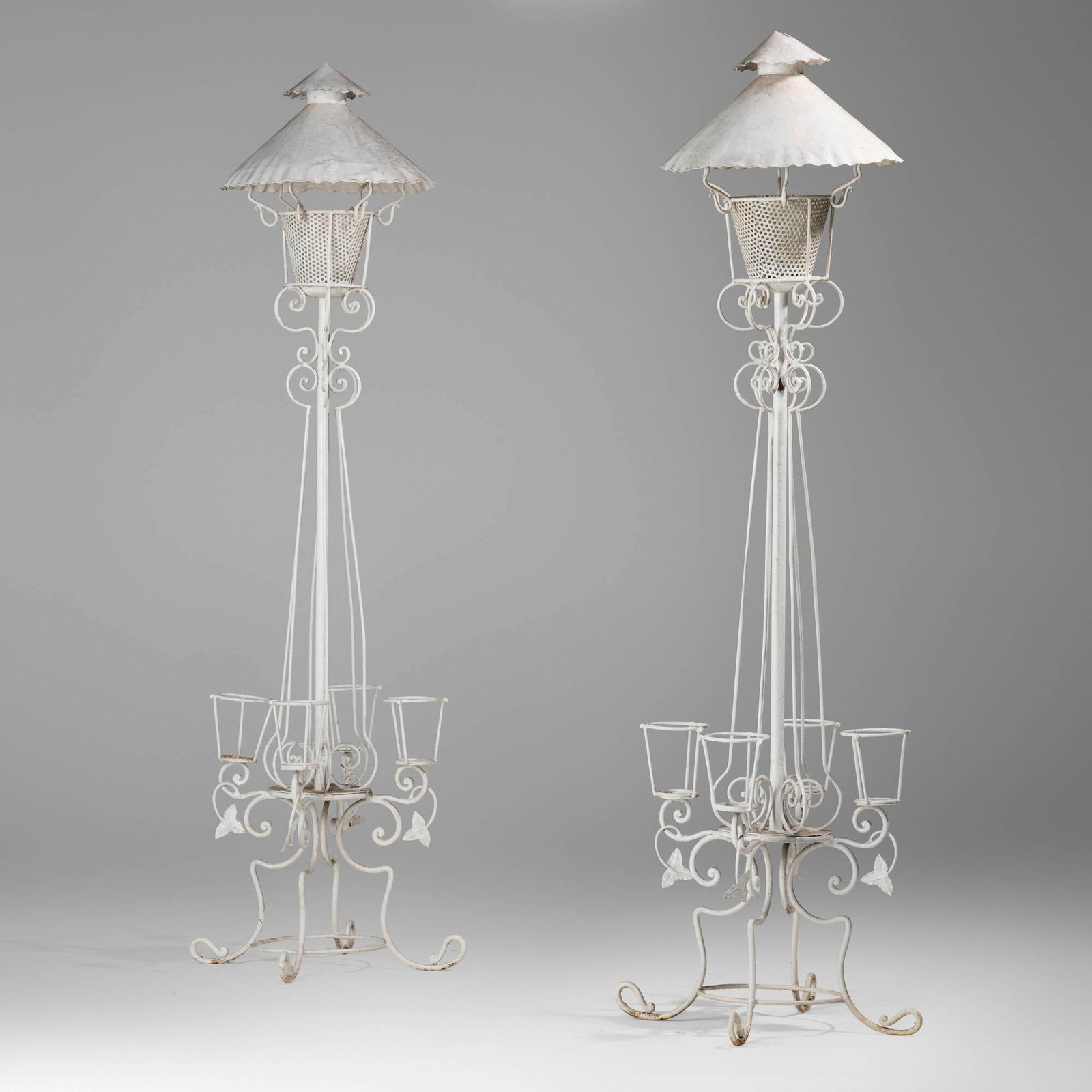 Continental, Floor lanterns with planters, pair: Continental Floor lanterns with planters, pair c. 1950 painted steel 75 h x 24.5 w x 24 d in (190 x 62 x 61 cm) Provenance: Estate of Frederick P. Century and Woodrow Bowne, Co