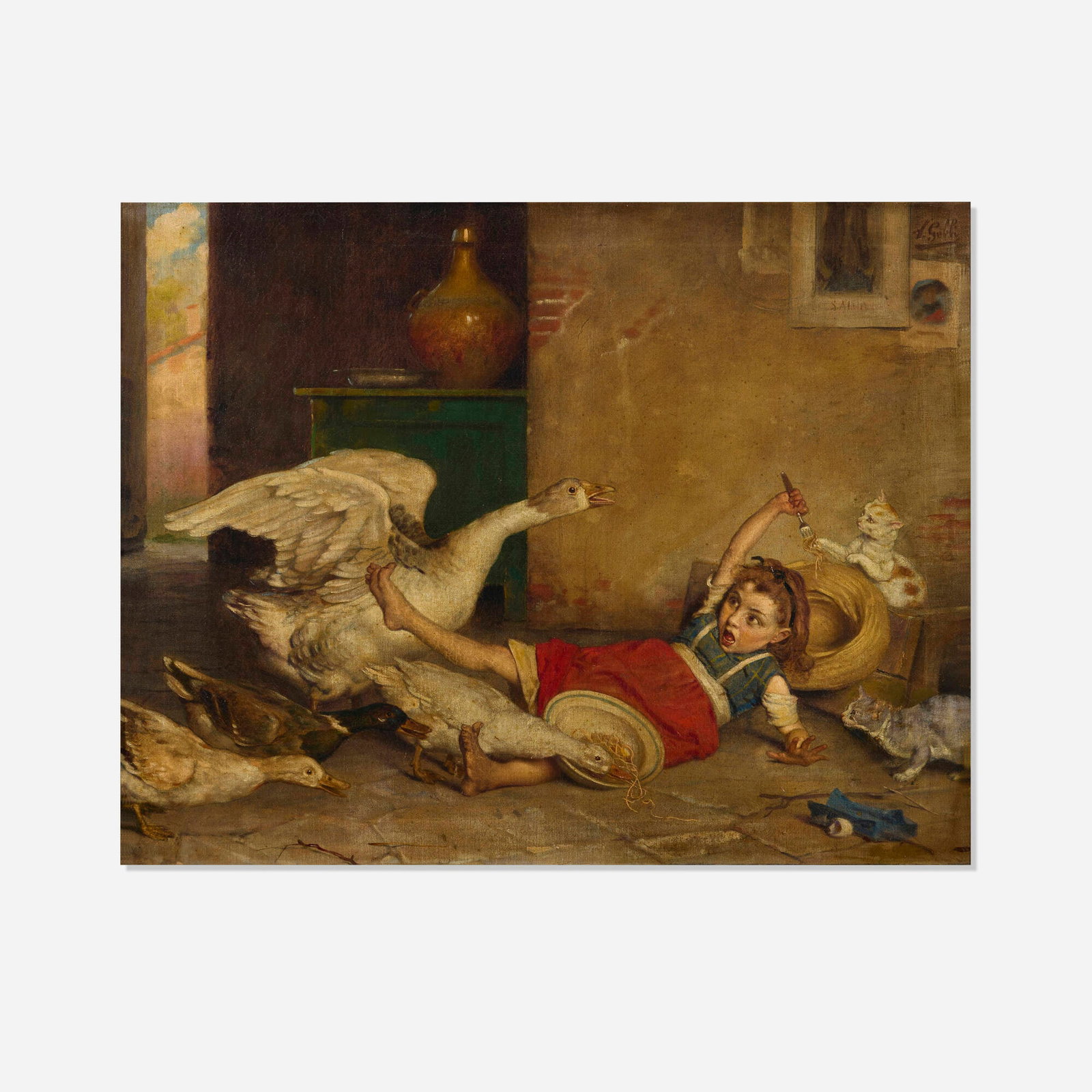European School, Girl with goose and animals: European School Girl with goose and animals late 19th century oil on canvas 22 h x 28 w in (56 x 71 cm) Provenance: Estate of Stuart Brown, Rockaway, NJ Thi