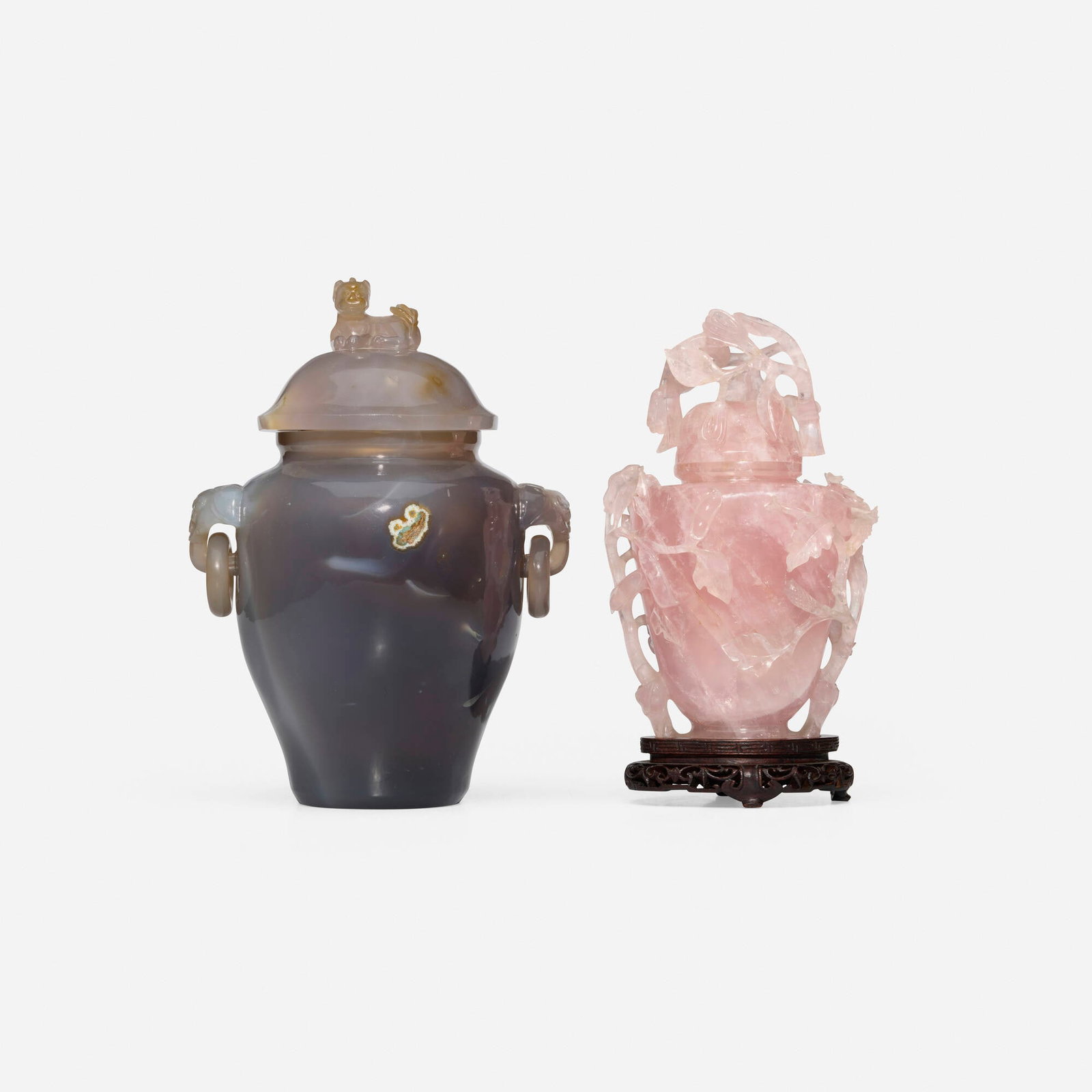 Chinese, Covered vessels, set of two: Chinese Covered vessels, set of two 19th-20th century agate, pink quartz, wood 9.25 h x 6.75 w x 5.25 d in (23 x 17 x 13 cm) 8.75 h x 4.75 w x 3.25 d in (22 x 12 x 8 cm) This wo