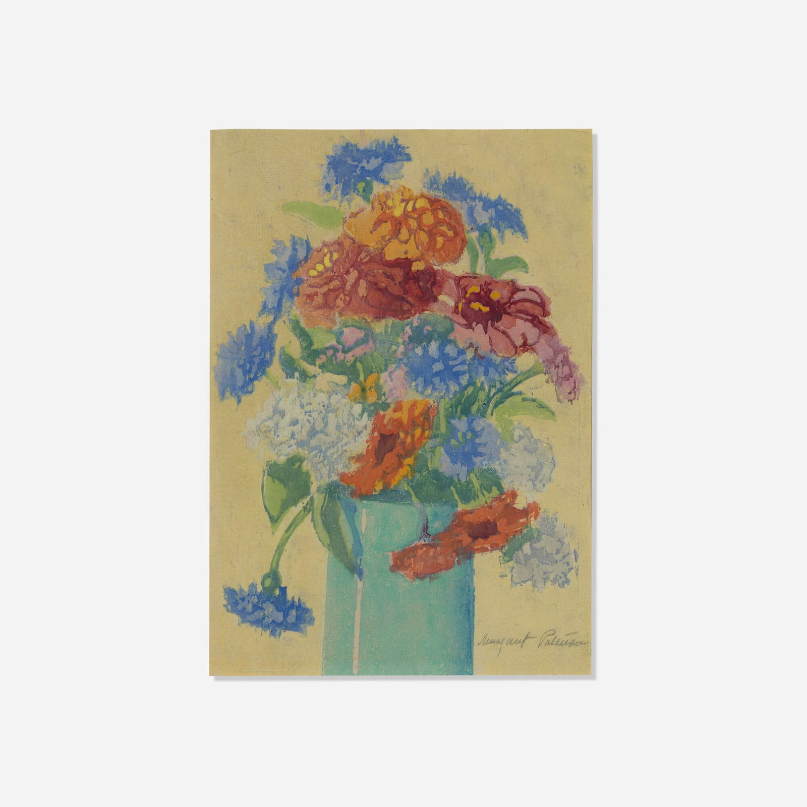 Margaret Jordan Patterson, Grandmother's Flowers: Margaret Jordan Patterson Grandmother's Flowers c. 1923 woodcut in colors sight: 9.875 h x 7 w in (25 x 18 cm) Signed to lower right 'Margaret Patterson'. Provenance: Steven Thomas, Inc.,