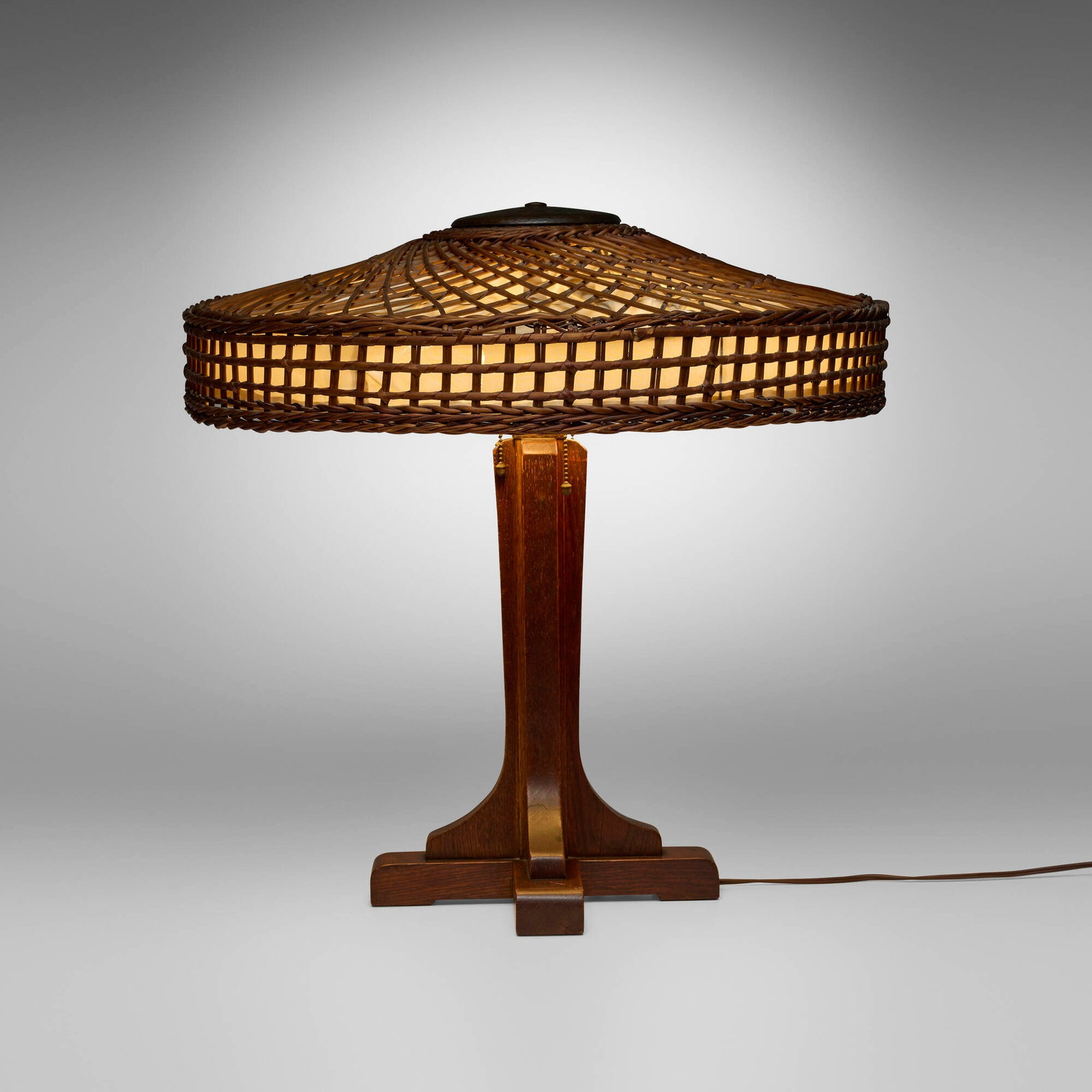 Gustav Stickley, Rare and Large table lamp, model 504: Gustav Stickley Rare and Large table lamp, model 504 USA, c. 1910 oak, wicker, handwrought copper 24 h x 24 dia in (61 x 61 cm) Provenance: Collection of Robert and Elaine Dillof Literature: