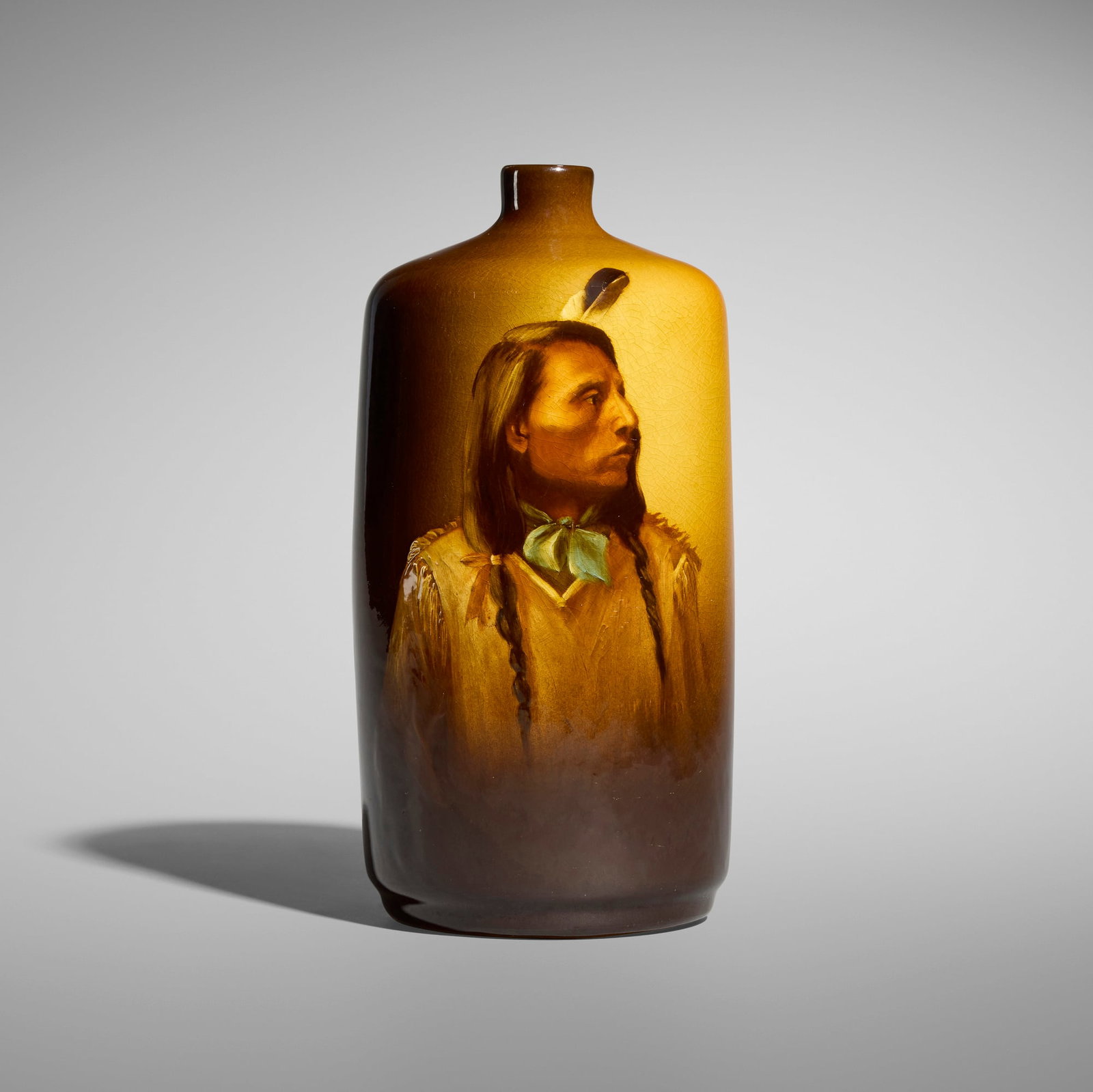 Mary F. Stevens for J.B. Owens, Jack Red Cloud Ochallala Sioux (Utopian Native American vase): Mary Fauntleroy Stevens for J.B. Owens Pottery Jack Red Cloud Ochallala Sioux (Utopian Native American portrait vase) USA, c. 1900 glazed earthenware 10.5 h x 5 dia in (27 x 13 cm) Vase features a