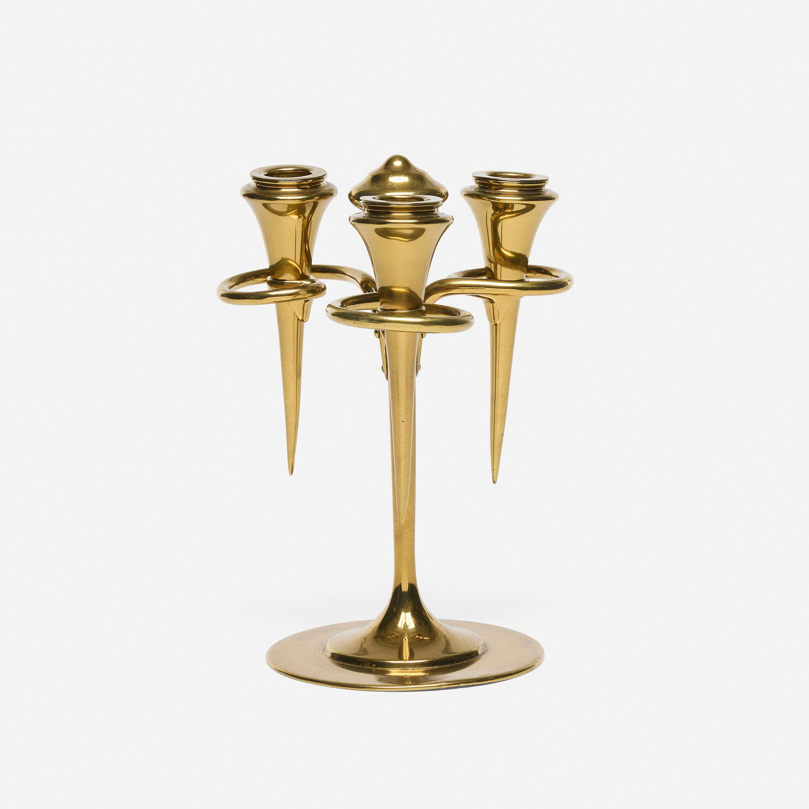Robert Jarvie, Omicron three-branch candelabrum: Robert Jarvie Omicron three-branch candelabrum USA, c. 1906 10.5 h x 7.5 dia in (27 x 19 cm) Impressed signature to underside 'Jarvie'. Literature: The Jarvie Shop: The Candlesticks and