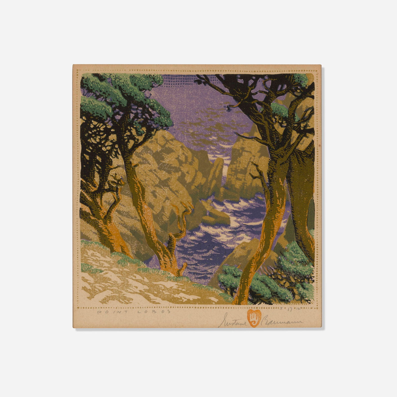Gustave Baumann, Point Lobos: Gustave Baumann Point Lobos 1936 woodcut in colors on cream Zanders laid image: 8.125 h x 8.125 w in (21 x 21 cm) sheet: 14 h x 12.375 w in (36 x 31 cm) An example of this work is held in the