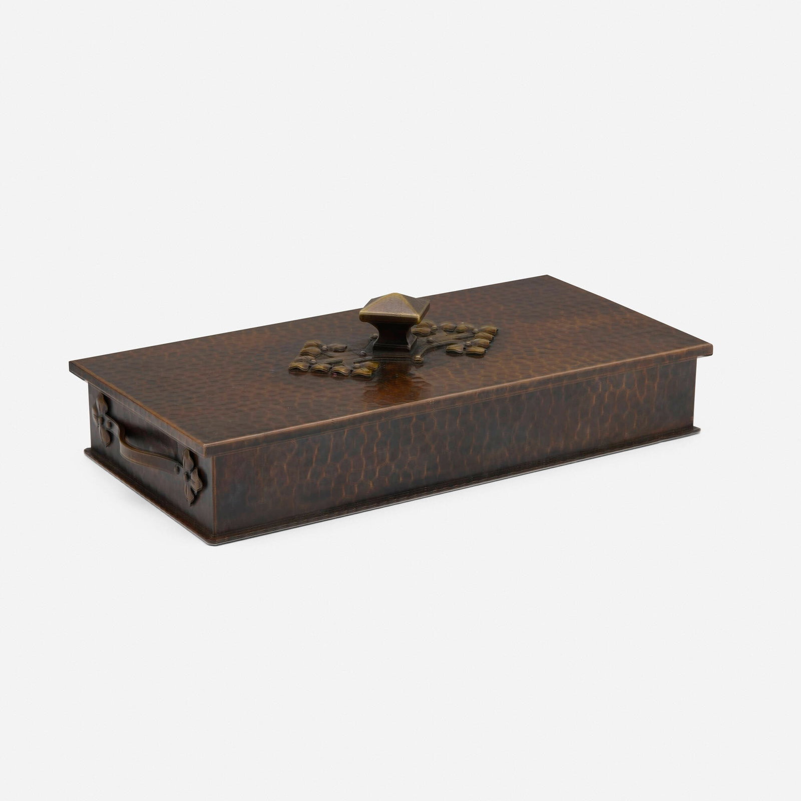 Roycroft, Covered cigar and cigarette tray with trefoil motif, model 630: Roycroft Covered cigar and cigarette tray with trefoil motif, model 630 USA, c. 1924 handwrought copper and brass, cedar 2.5 h x 10.5 w x 5 d in (6 x 27 x 13 cm) Impressed orb and cross mark to
