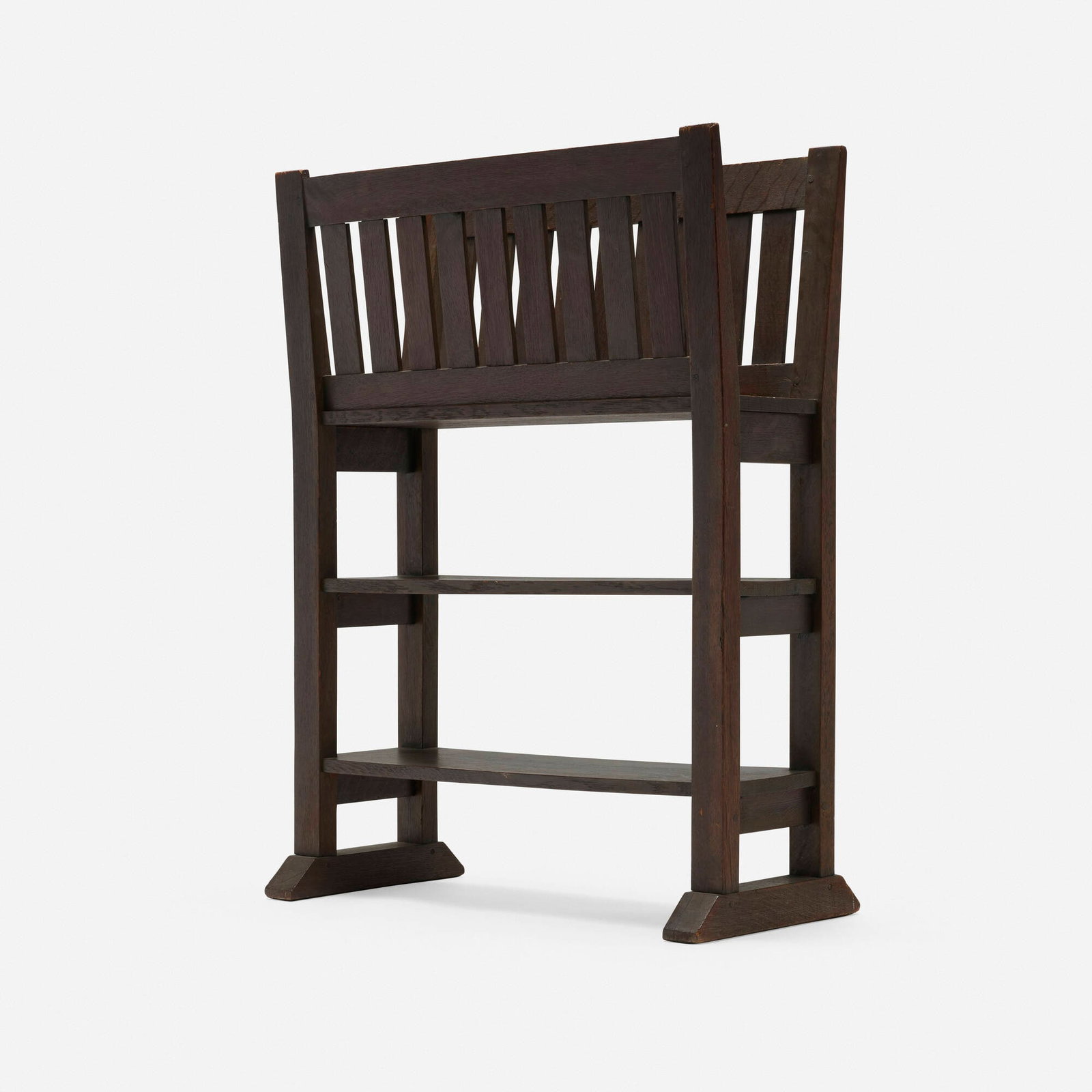 Gustav Stickley, Early and Rare portfolio stand / paper rack, model 551: Gustav Stickley Early and Rare portfolio stand / paper rack, model 551 USA, c. 1902 oak 40 h x 29.875 w x 12.125 d in (102 x 76 x 31 cm) Red manufacturer's decal to underside 'Als ik kan