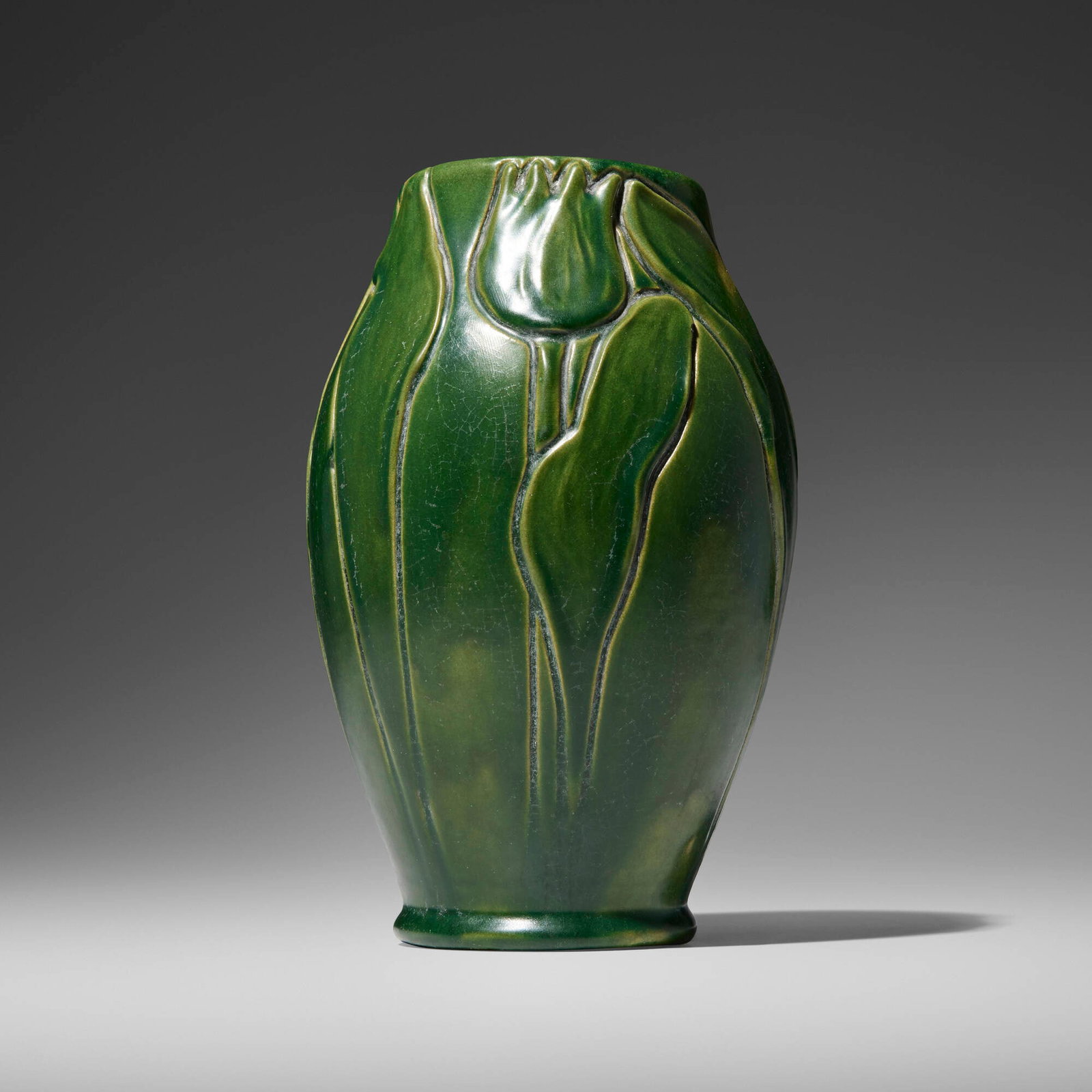 Denver Pottery, Denaura vase with tulips: Denver Pottery Denaura vase with tulips USA, c. 1903 glazed earthenware 8.25 h x 5 dia in (21 x 13 cm) Glazed and impressed manufacturer's marks to underside 'Denaura Denver 117'. Provenance: