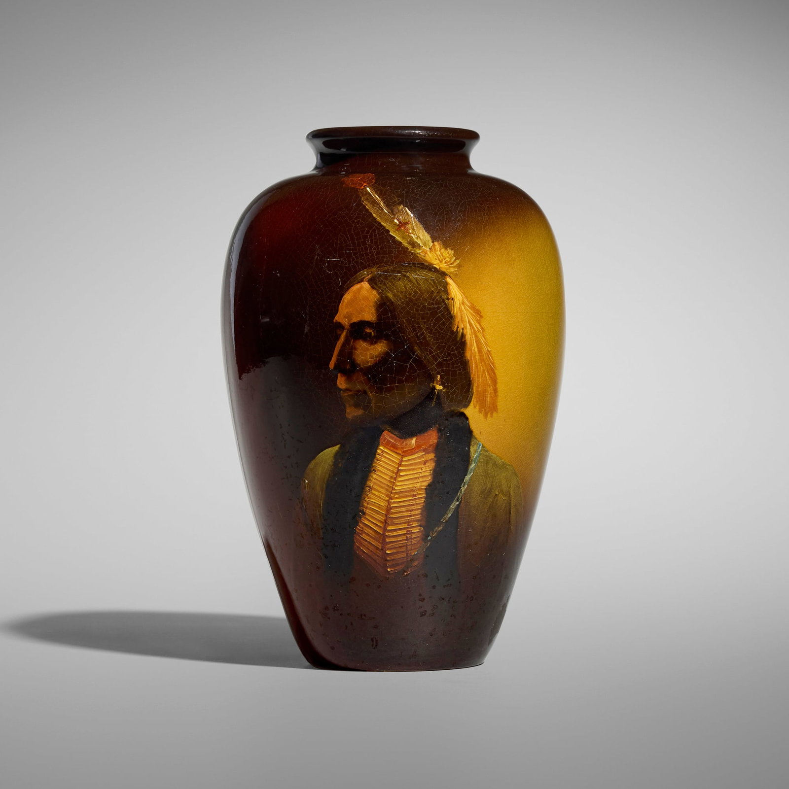 Weller Pottery, Louwelsa Native American portrait vase: Weller Pottery Louwelsa Native American portrait vase USA, c. 1905 glazed earthenware 11 h x 6.5 dia in (28 x 17 cm) Impressed manufacturer's mark and number to underside 'Louwelsa S Weller
