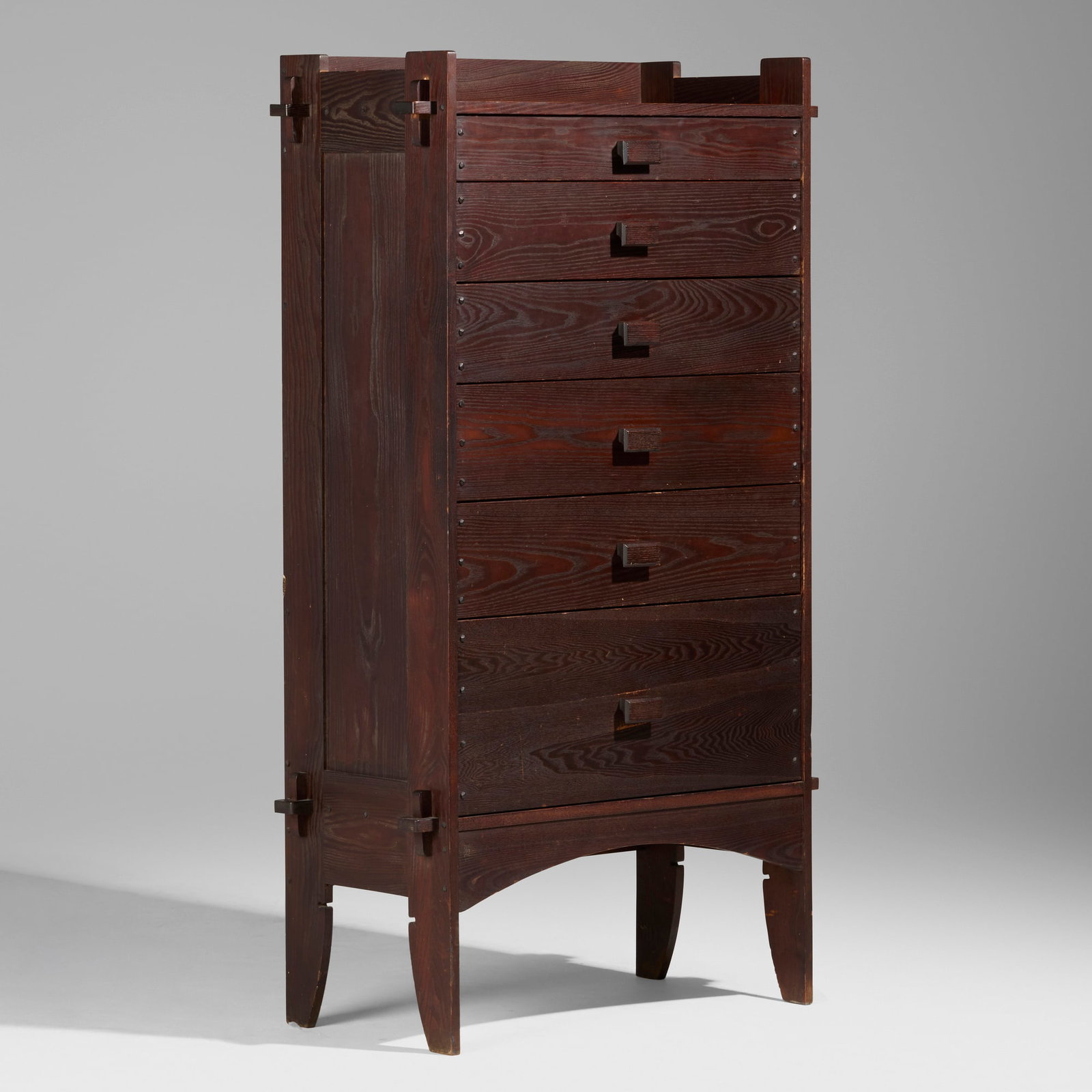 Charles Rohlfs, Fine and Rare chest of drawers: Charles Rohlfs Fine and Rare chest of drawers USA, 1907 oak 60 h x 33.5 w x 16 d in (152 x 85 x 41 cm) Carved signature and date to lower left front 'R 07'. Provenance: Private Collection | Rago,