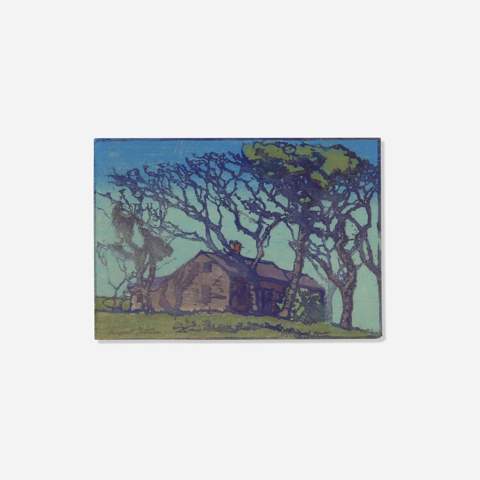 Margaret Jordan Patterson, Cape Cod House: Margaret Jordan Patterson Cape Cod House 1914 woodcut in colors image: 7 h x 10 w in (18 x 25 cm) sight: 7.125 h x 10.125 w in (18 x 26 cm) Signed to lower left 'Margaret Patterson'.